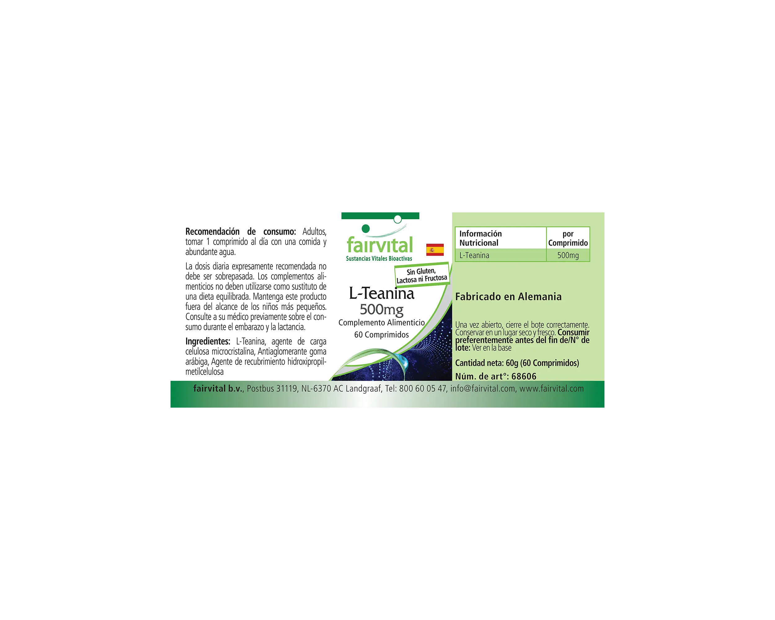L-Teanina 500mg - 60 compresse - Amminoacido - Facili da deglutire - Ad alto dosaggio e vegana | Fairvital