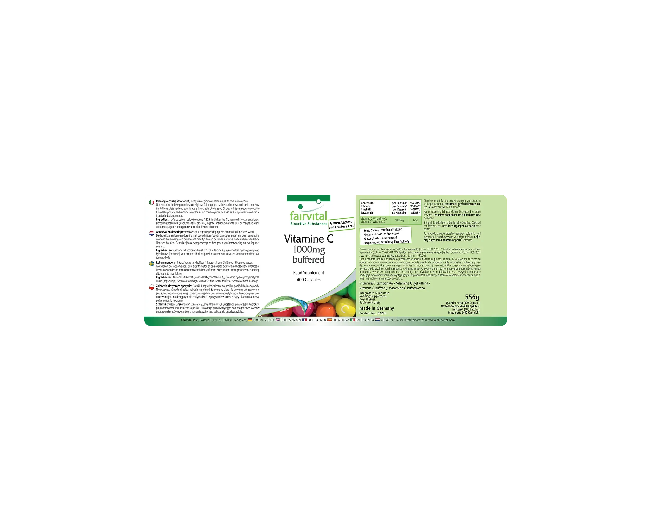 Gebufferde Vitamine C 1000mg - 400 capsules - voor het immuunsysteem, collageenvorming en meer - dagelijkse behoefte gedekt | Fairvital