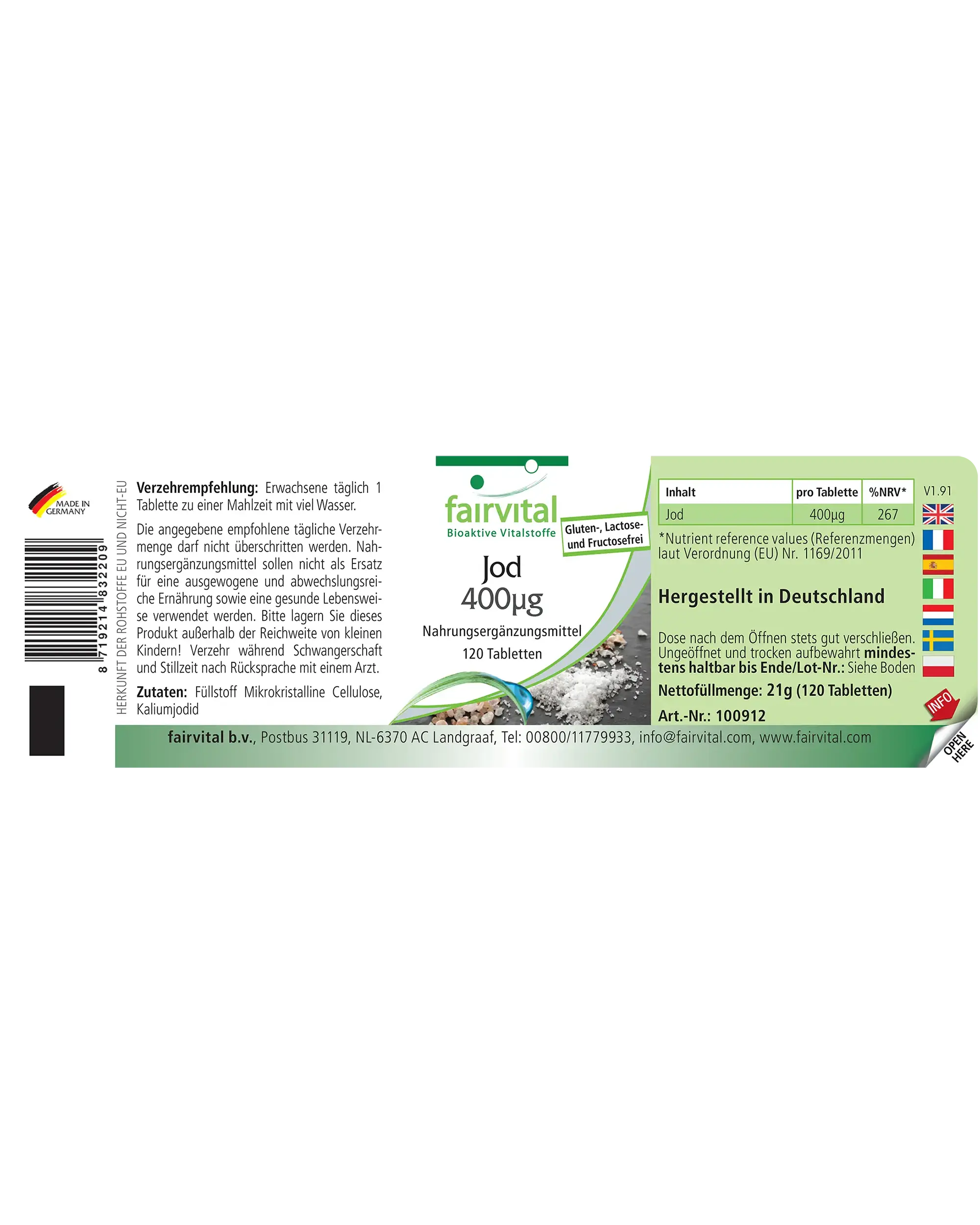 Iode 400 µg - 120 comprimés - plus de 100 % des besoins - pour la fonction thyroïdienne, la peau, l’énergie & plus - végan | Fairvital