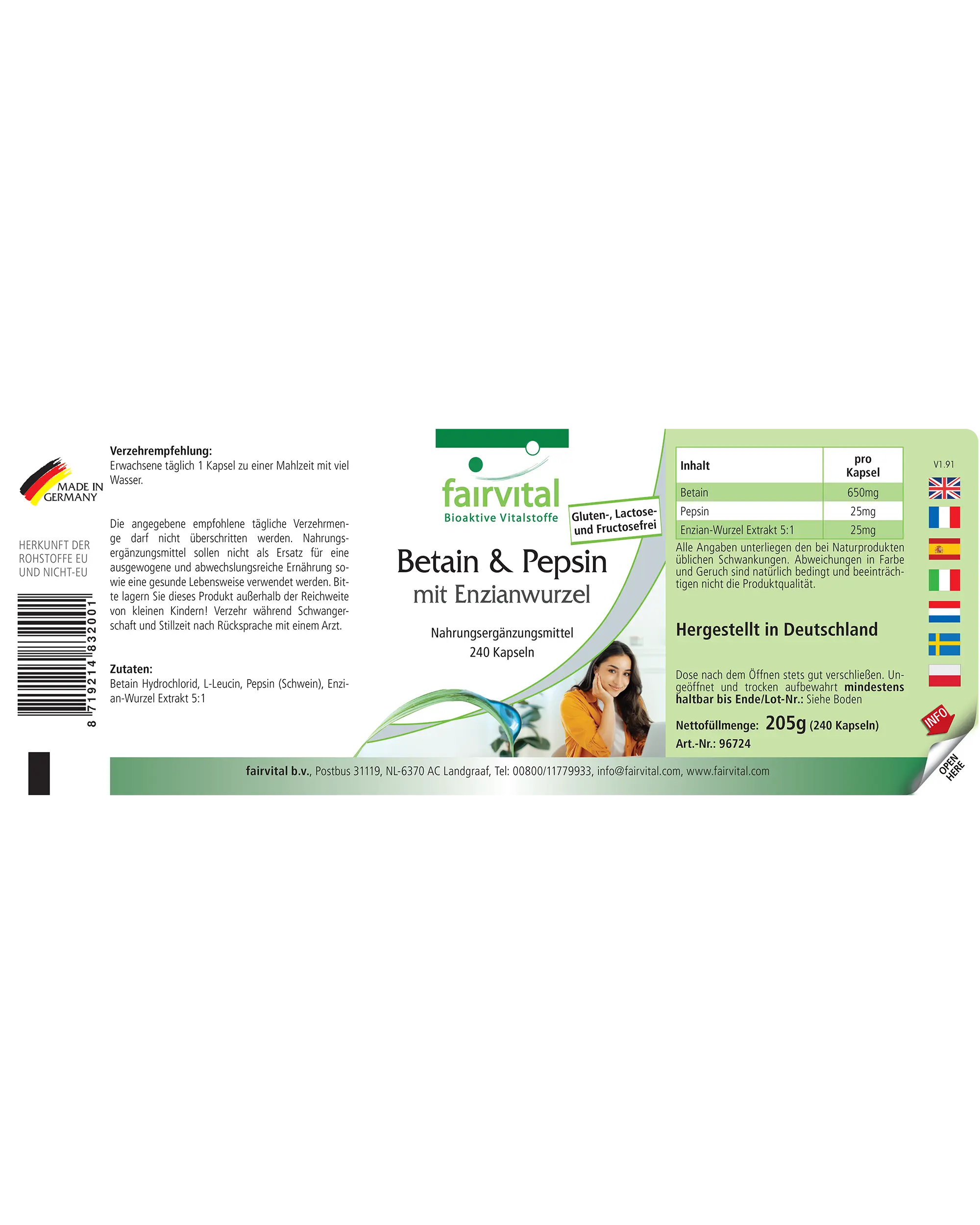 Betaína & Pepsina con Raíz de Genciana - 240 Cápsulas | Fairvital