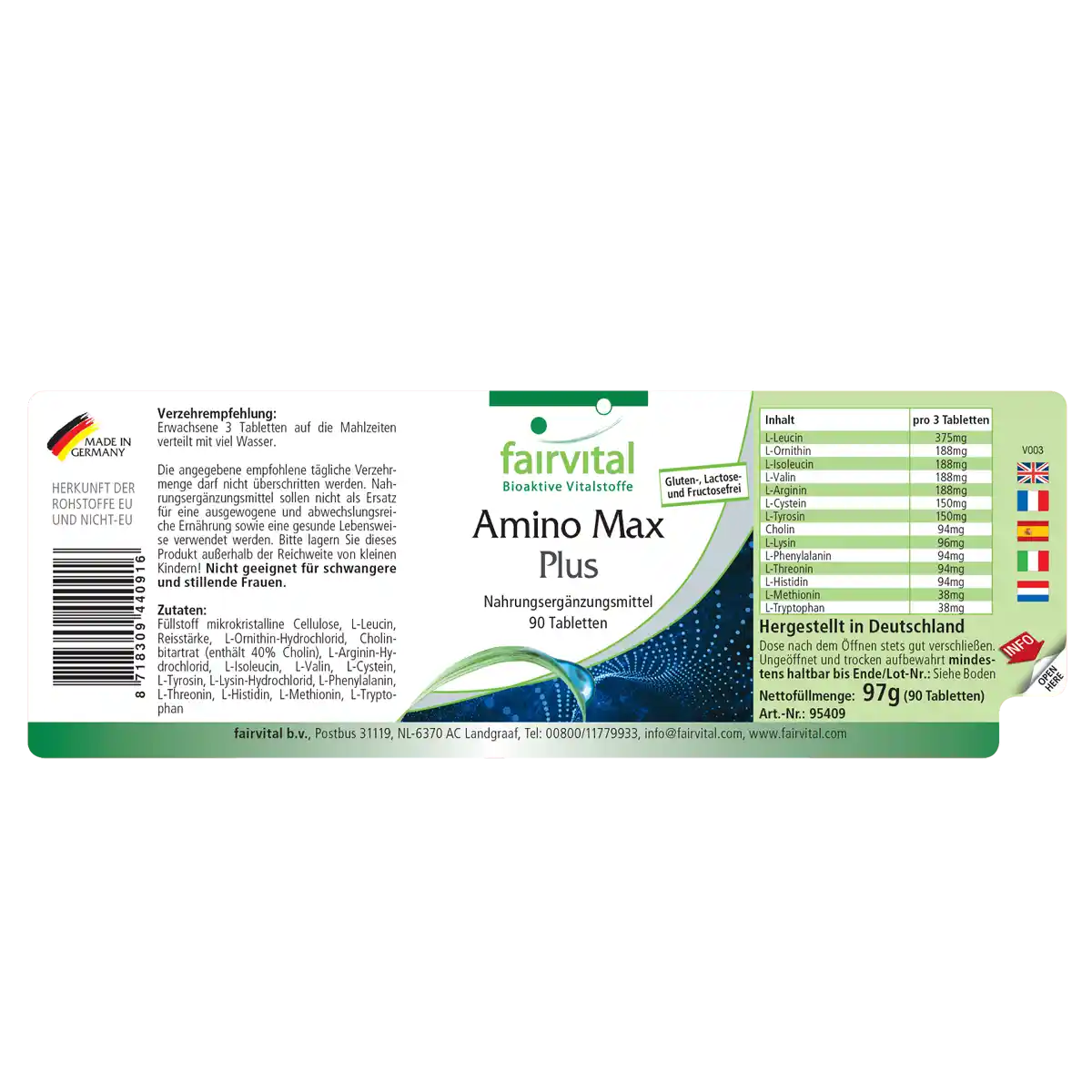 Amino Max Plus -für Leberfunktion und Fettstoffwechsel - 90 Tabletten - Hochdosiert und Vegan | Fairvital Amino Max Plus -für Leberfunktion und Fettstoffwechsel - 90 Tabletten - Hochdosiert und Vegan | Fairvital