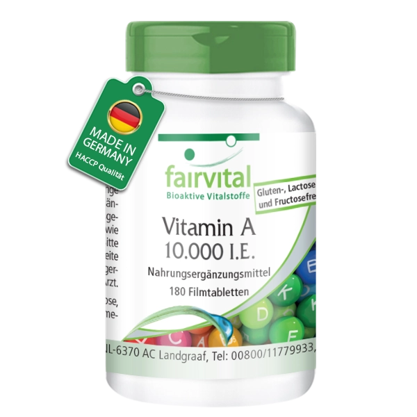 Vitamin A 10,000 I.U. - 180 Film-coated tablets - Easy to swallow - 375% of the daily requirement | Fairvital