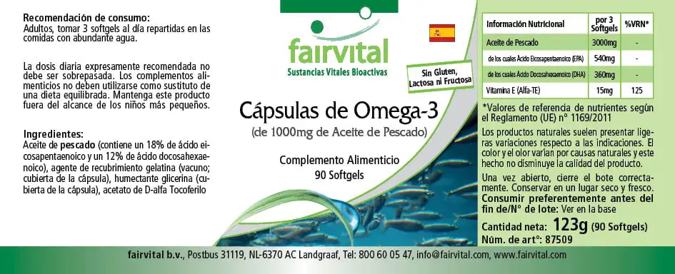 Cápsulas de Omega-3 de 1000mg de aceite de pescado -  90 cápsulas
