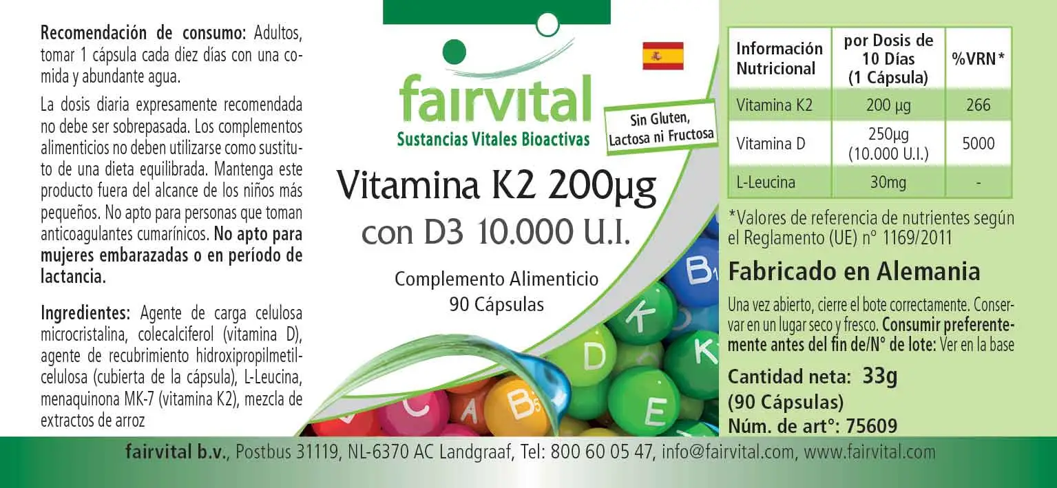 Vitamina K2 200µg con D3 10000 U.I. - 90 Cápsulas