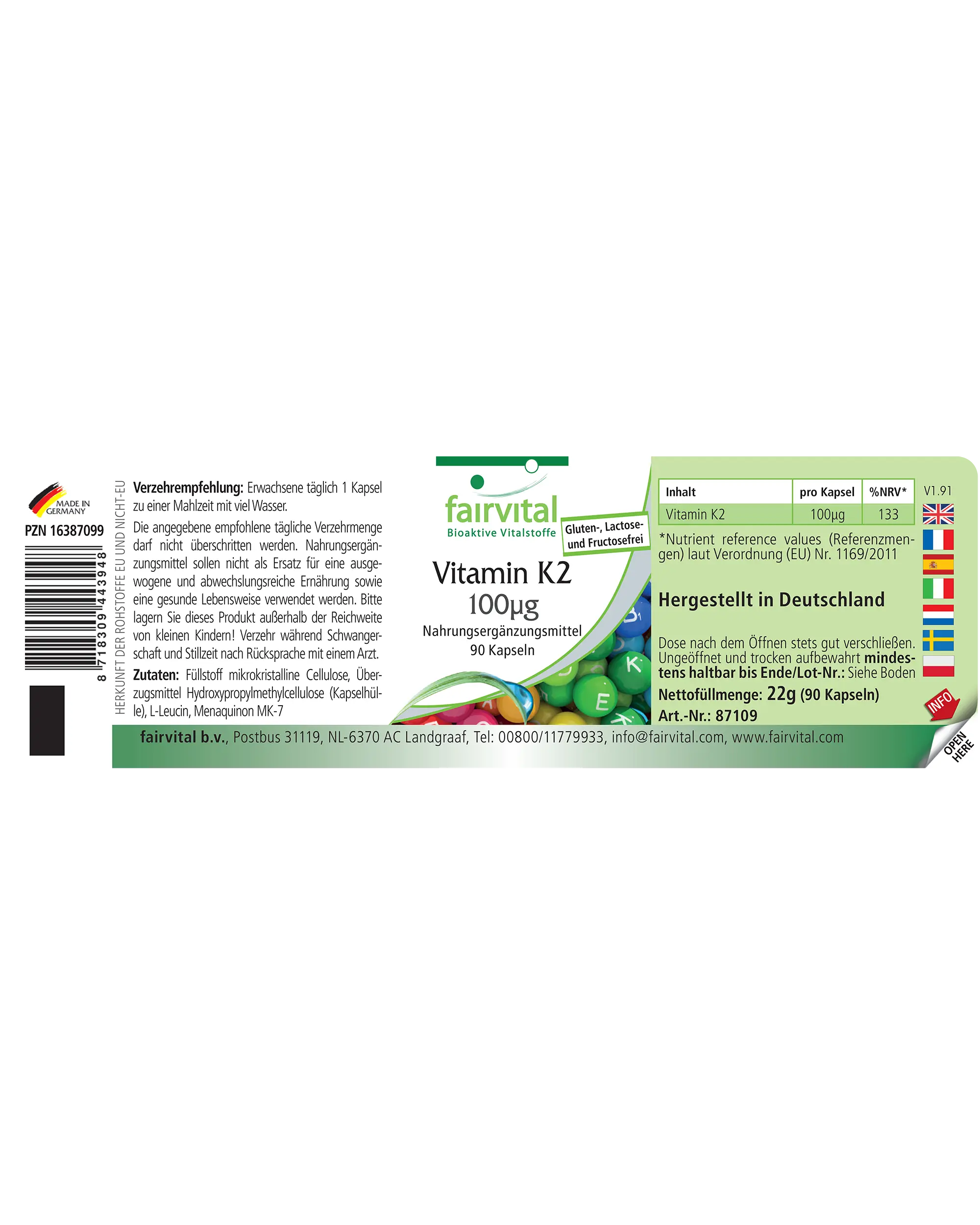 Vitamina K2 100 µg - 90 cápsulas - más del 100 % del requerimiento diario - fáciles de tragar - para huesos y coagulación sanguínea - vegano | Fairvital
