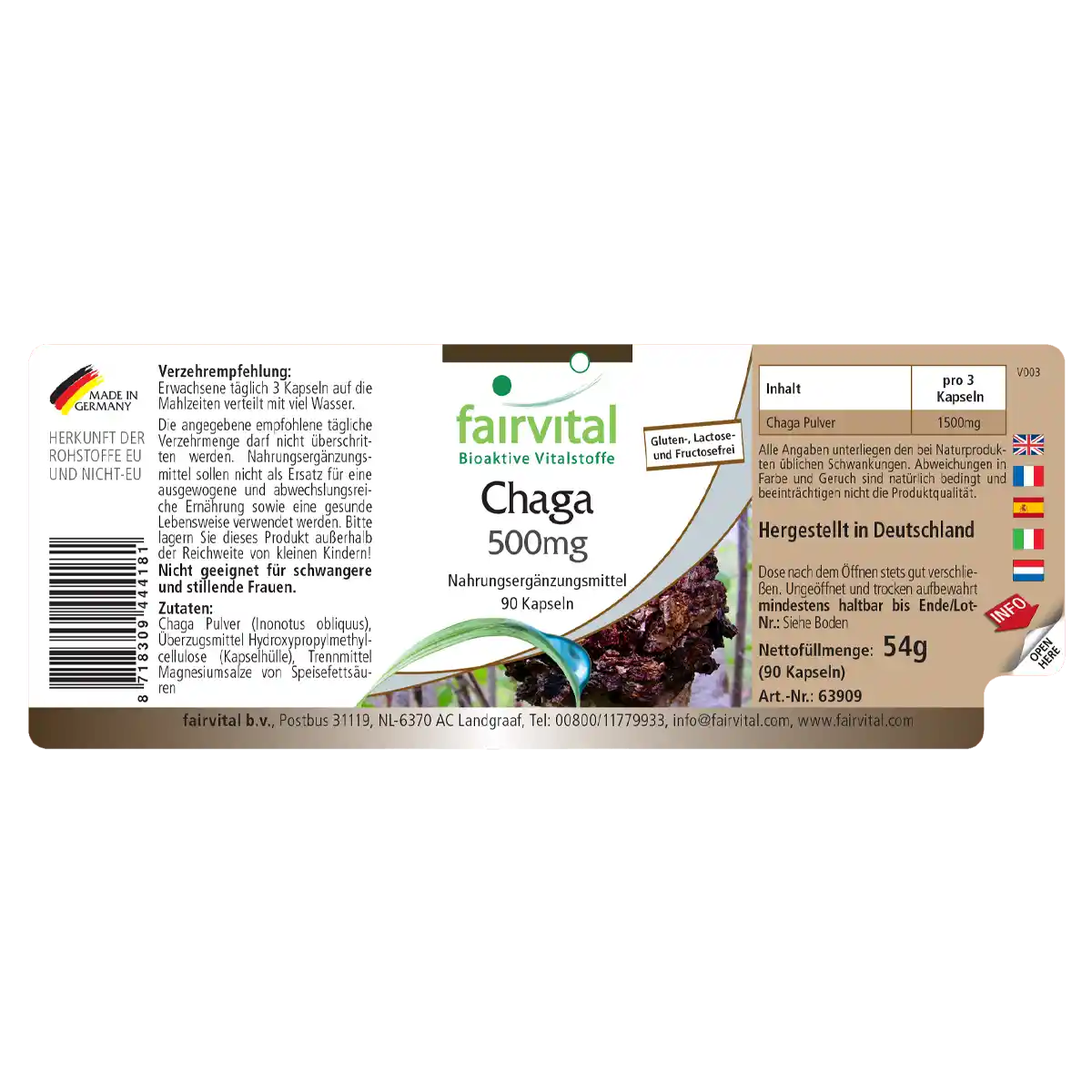 Chaga - Hongo medicinal 500mg - 90 Cápsulas