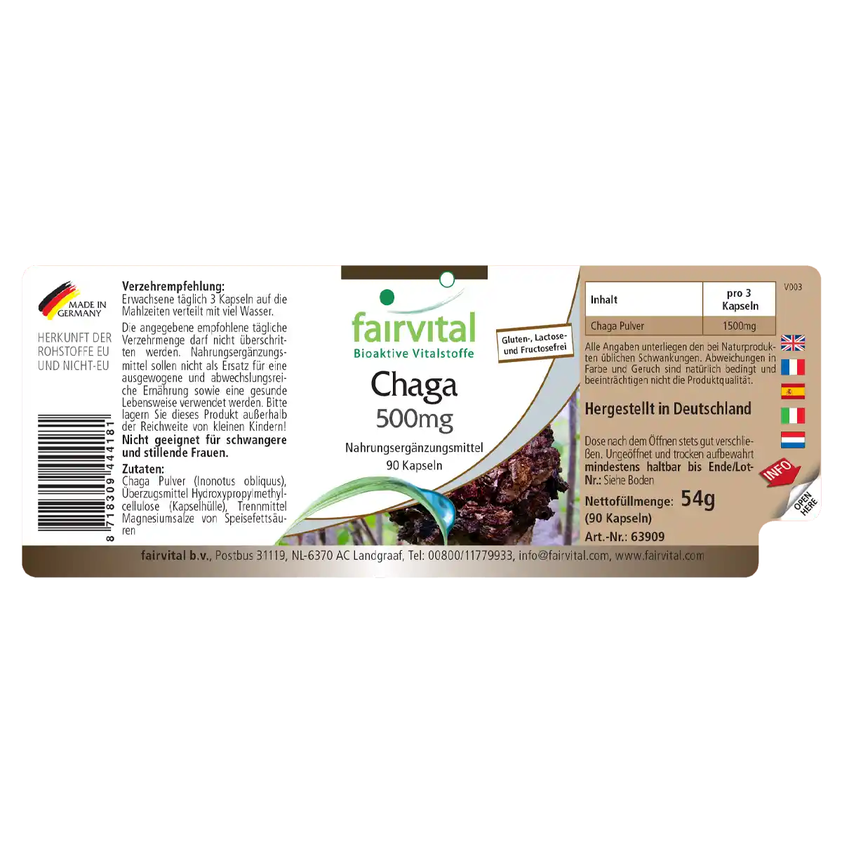Chaga - geneeskrachtige paddenstoel 500mg - 90 capsules Chaga - geneeskrachtige paddenstoel 500mg - 90 capsules