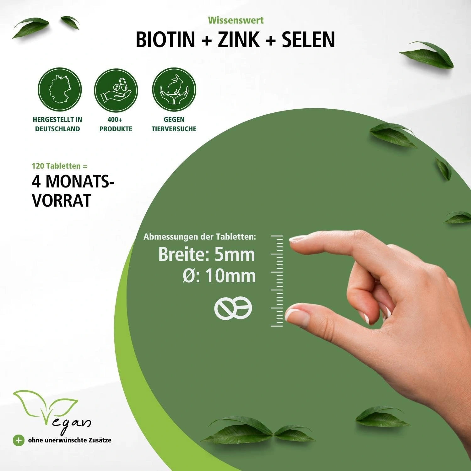 Biotin + Zink + Selen - 120 Tabletten - Schluckfreundlich - Beauty-Tabletten - Für Haare; Haut & Fingernägel - Vegan | Fairvital