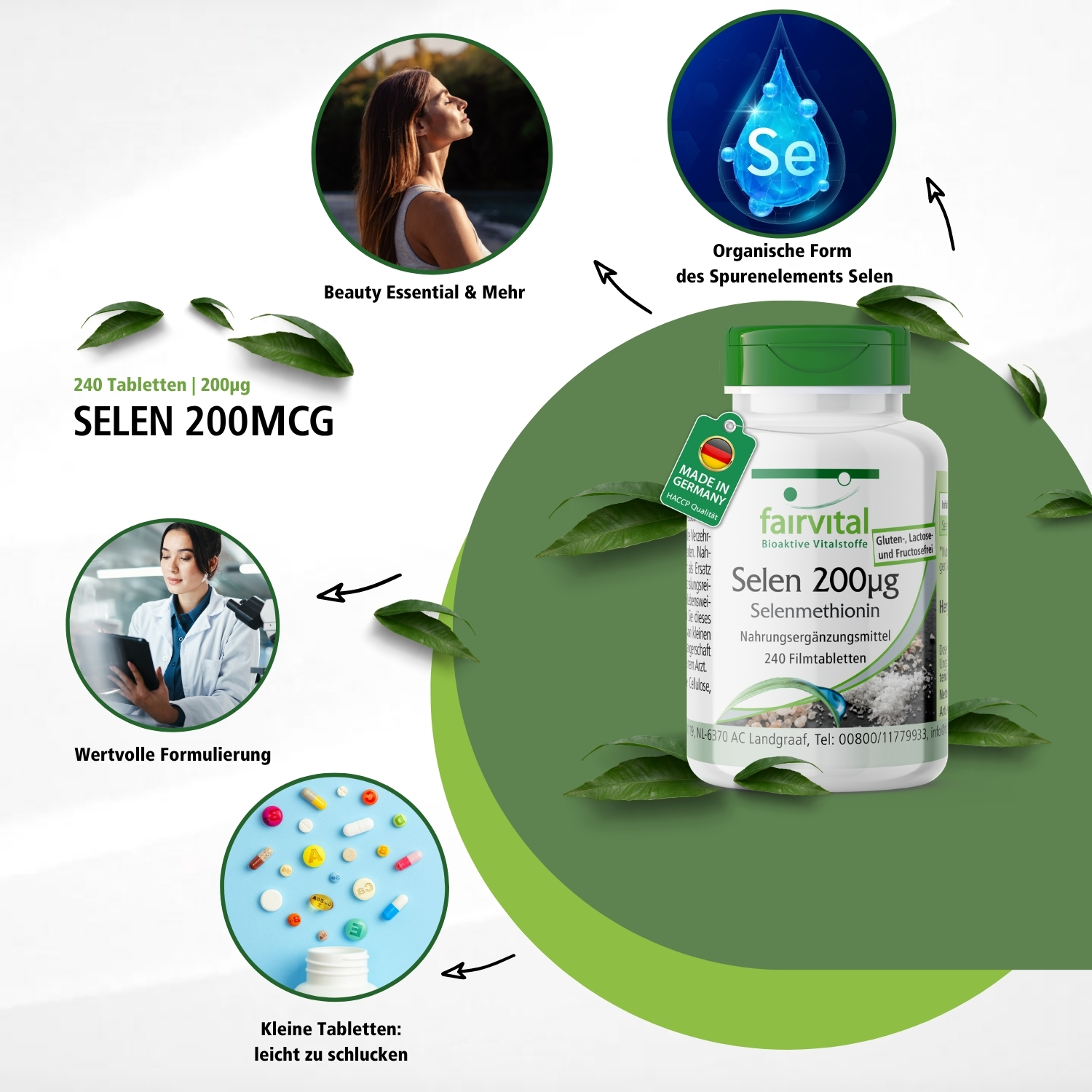 Selen 200μg Selenmethionin - 240 Filmtabletten - schluckfreundlich - für Schilddrüse, Immunsystem, Haar uvm. - über 100% Bedarfsabdeckung - vegan | Fairvital