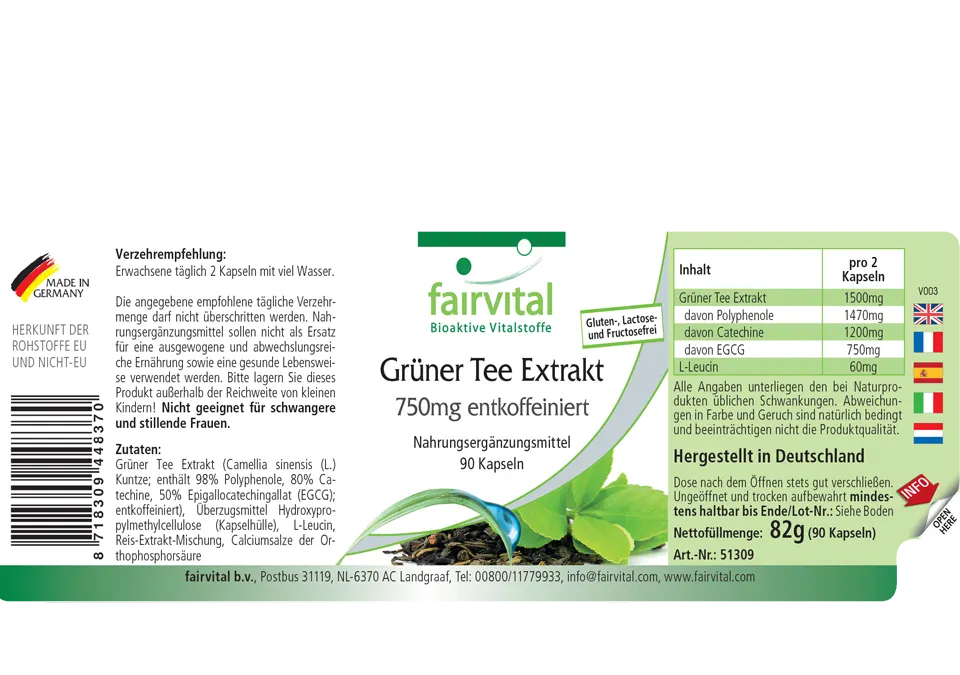 Grüner Tee Extrakt 750mg entkoffeiniert