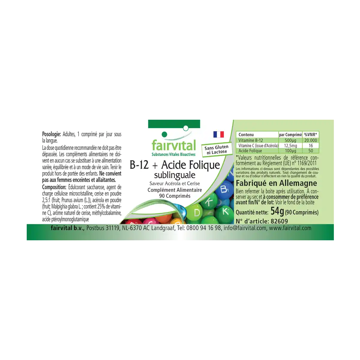 B-12 y ácido fólico sublingual con sabor a acerola-cereza - 90 comprimidos