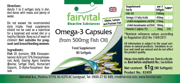 Omega-3-Kapseln aus 500mg Fischöl - 90 Softgels - für Blutdruck, Herz und Zellschutz | Fairvital Omega-3-Kapseln aus 500mg Fischöl - 90 Softgels - für Blutdruck, Herz und Zellschutz | Fairvital