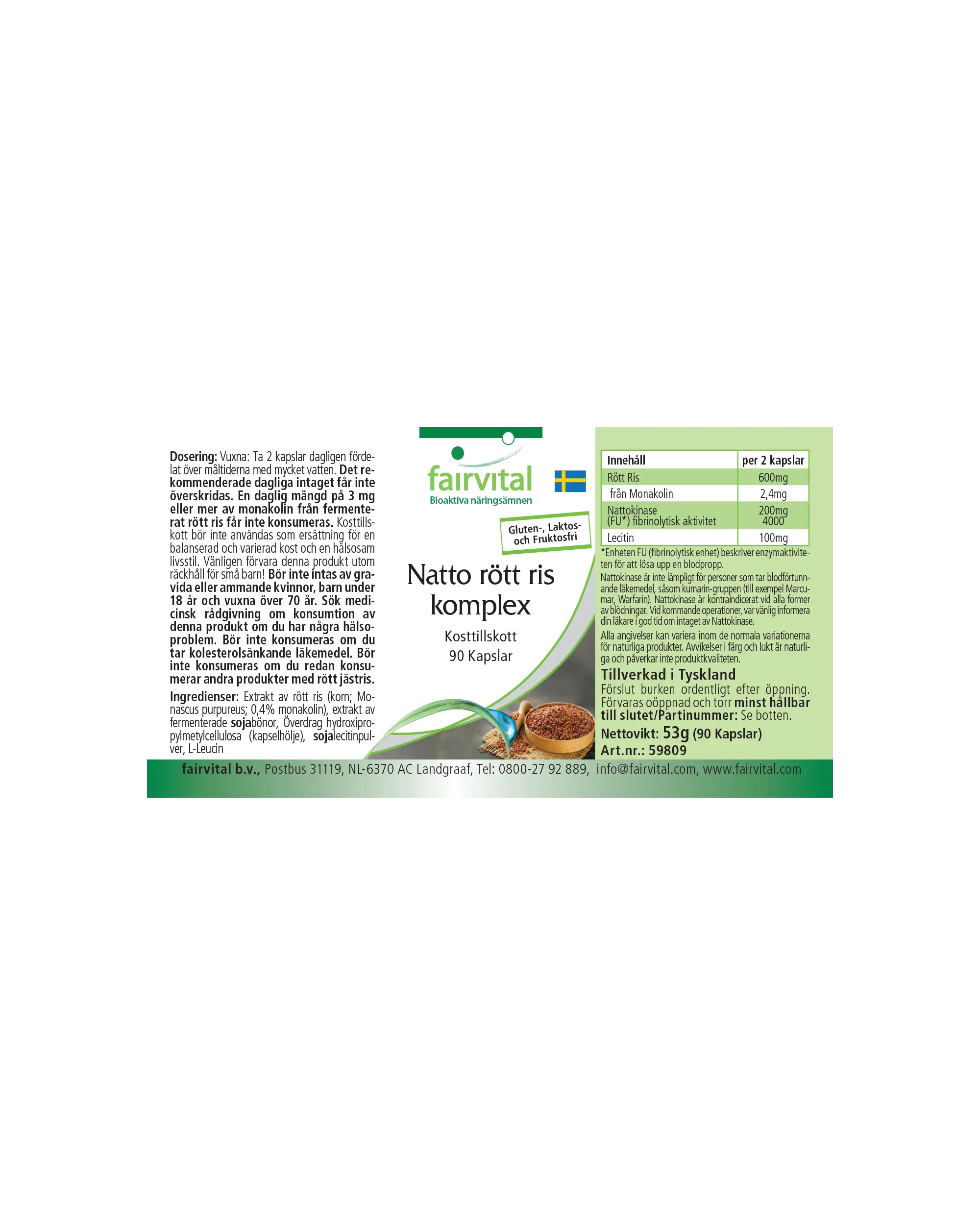 Complesso Natto Riso Rosso - 90 Capsule - Facili da deglutire - Con Monacolina K e Nattokinasi - Vegano | Fairvital