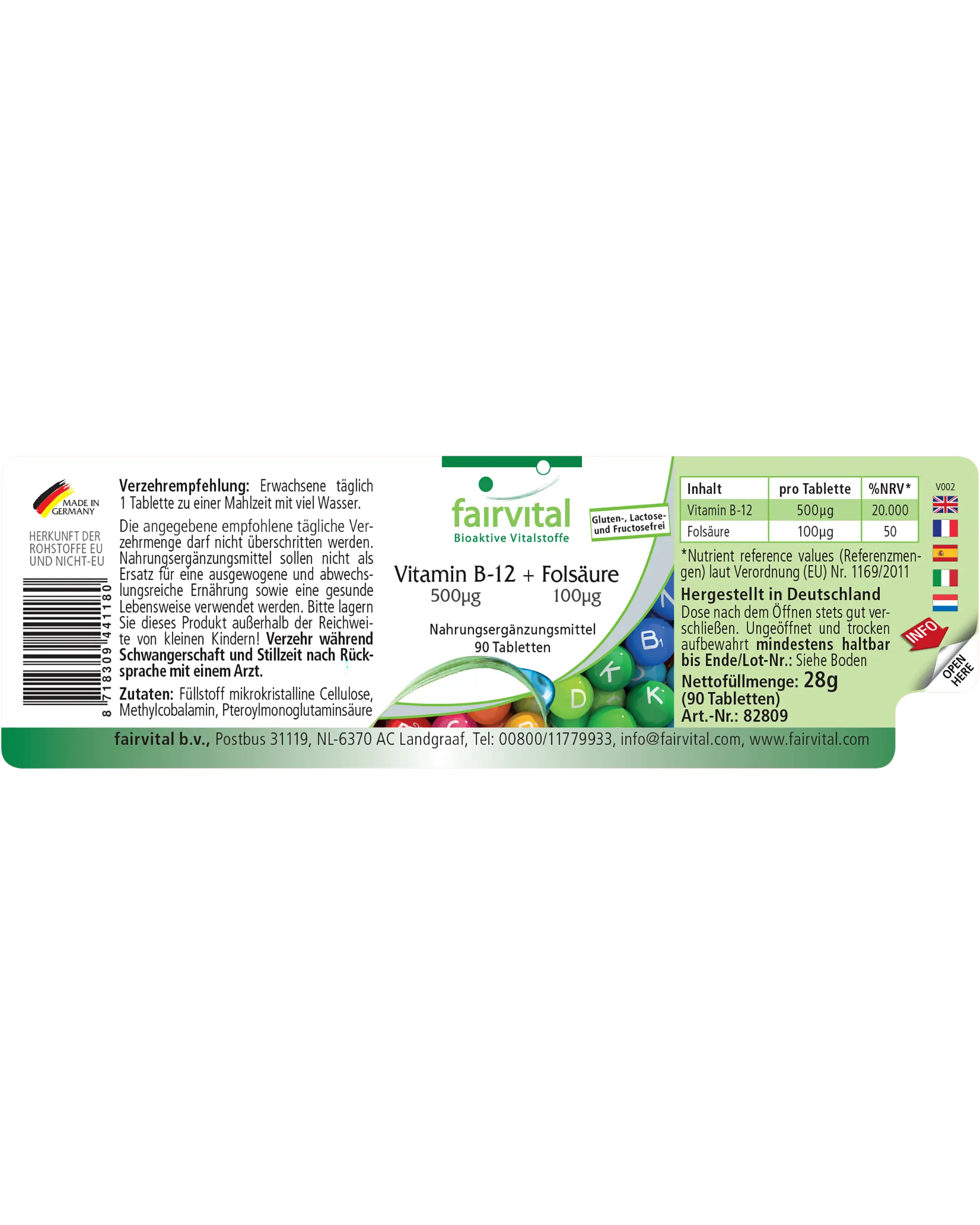 Vitamina B-12 + Folsäure 500µg / 100µg - 90 comprimidos