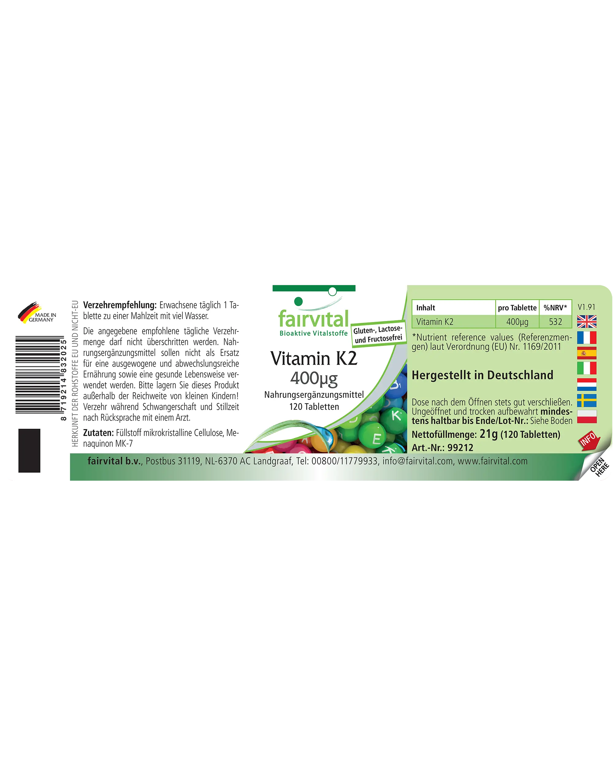 Vitamin K2 400μg - 120 Tabletten - für Knochen und Blutgerinnung - hochdosiert und vegan | Fairvital
