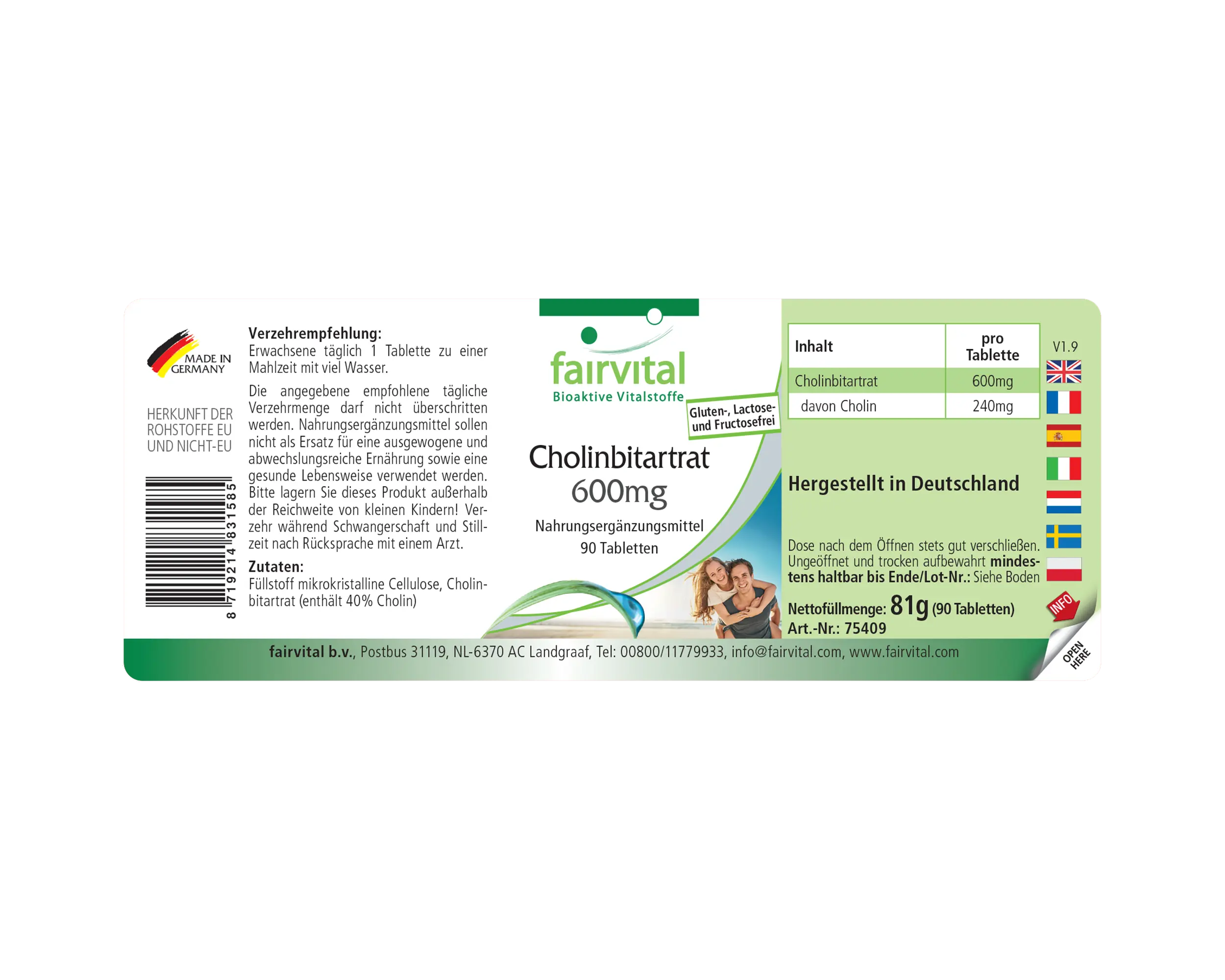 Choline Bitartrate 600mg- 90 Tablets | Fairvital