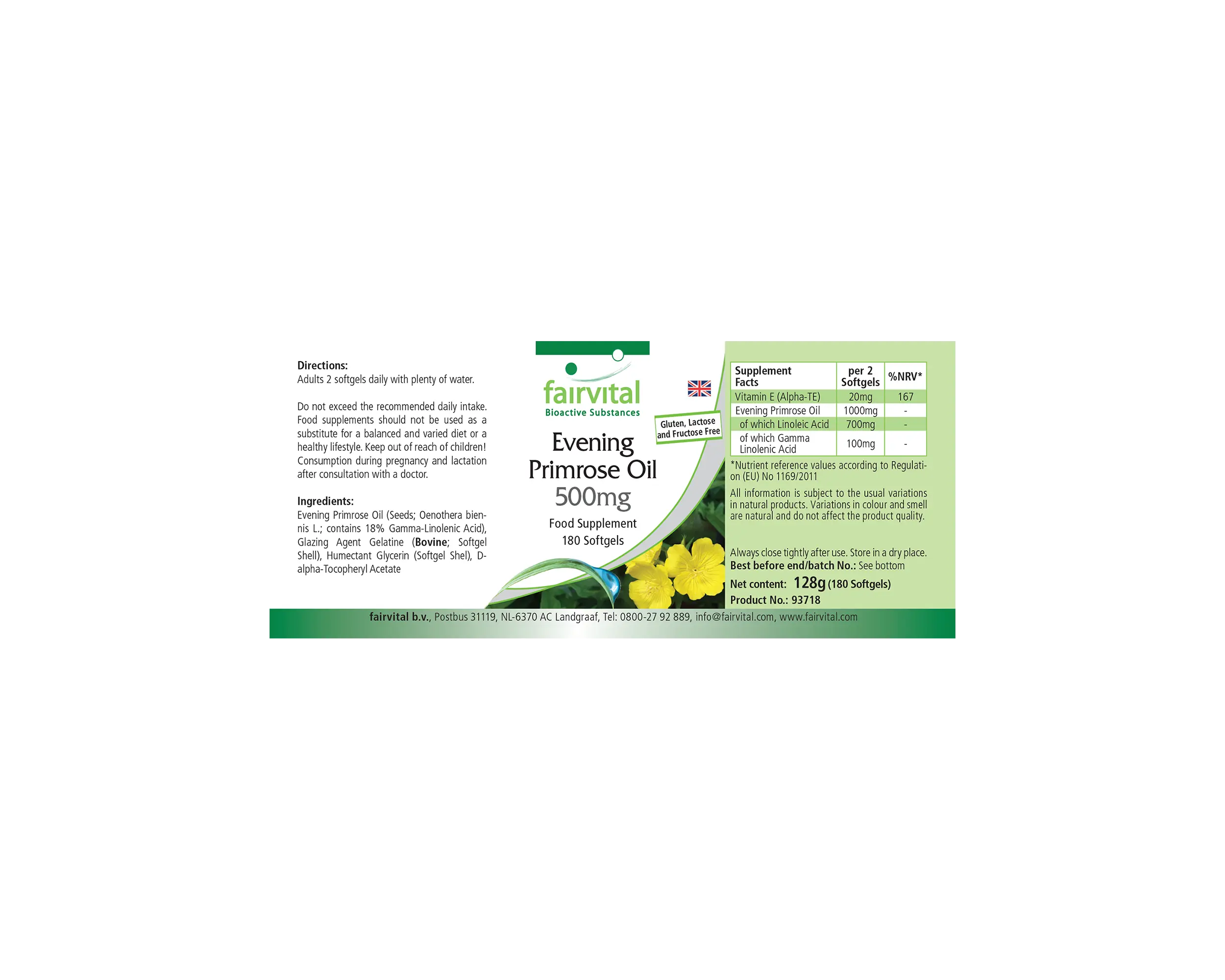Aceite de onagra 500 mg - 180 cápsulas blandas - con vitamina E - más del 100% del requerimiento diario | Fairvital