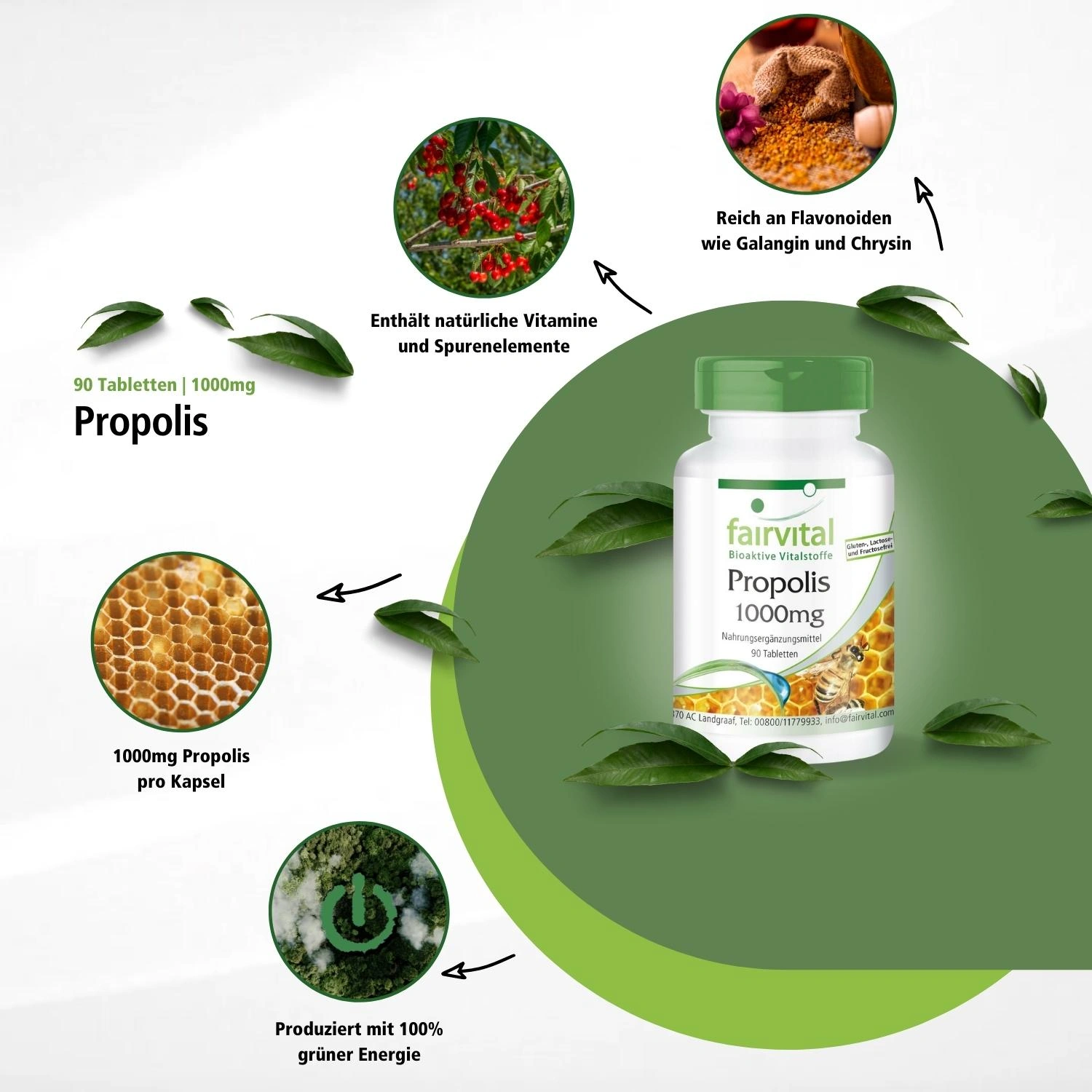 Bee Propolis 1000 mg – 90 tablets – Natural bee resin extract – 3% galangin – High dosage | Fairvital