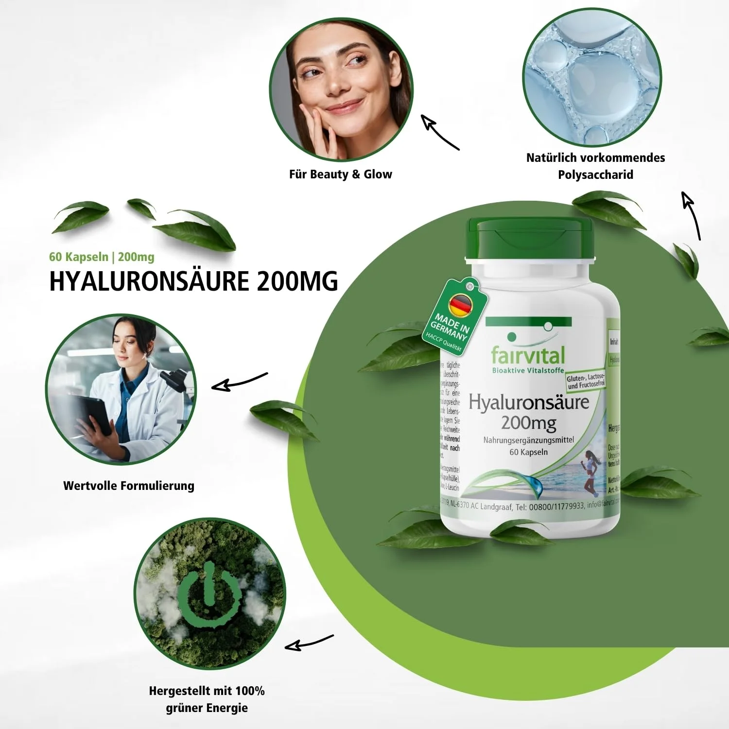 Hyaluronsäure 200mg - 60 Kapseln - Schluckfreundlich - Vegan | Fairvital