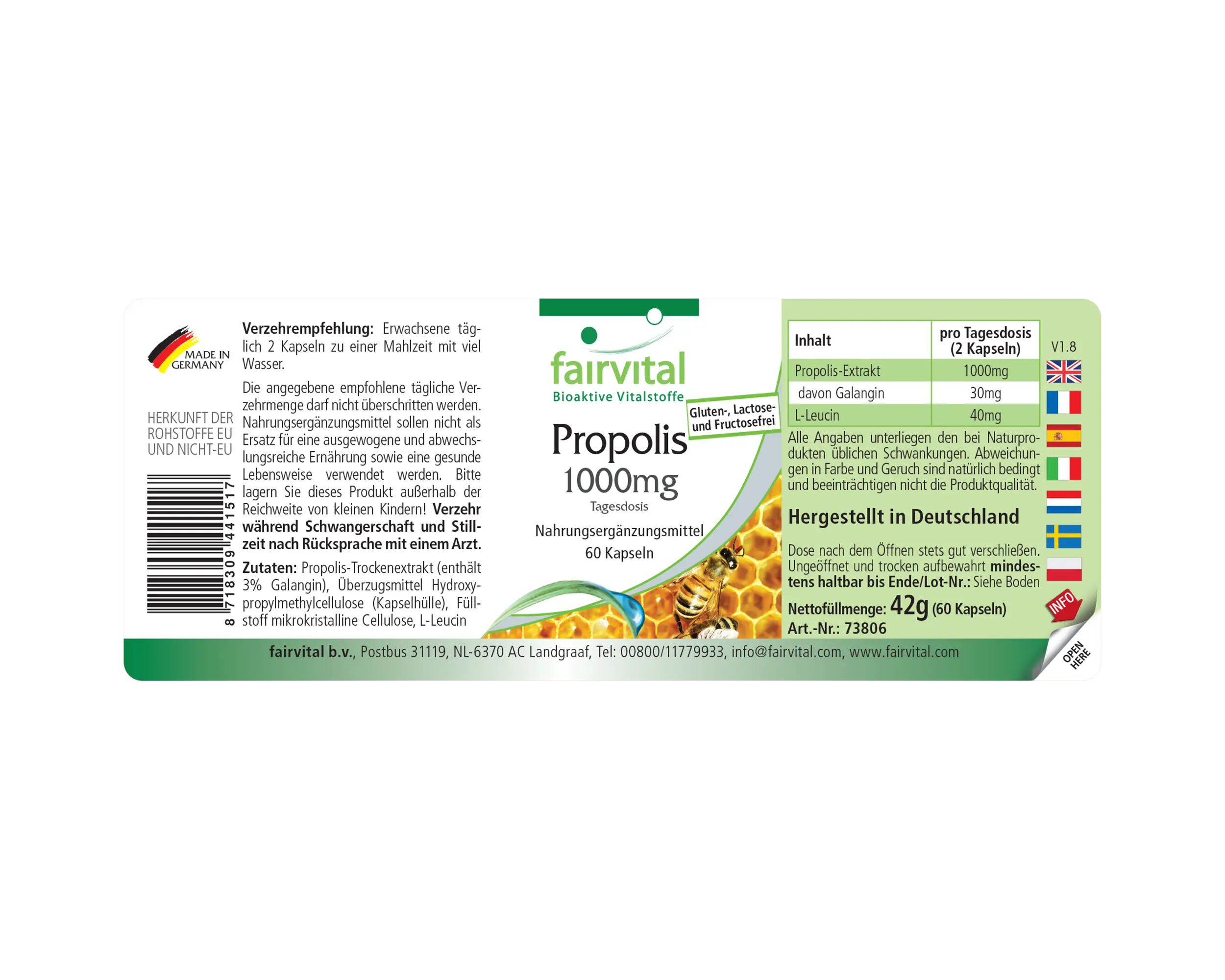 Propolis 1000mg Tagesdosis - 60 Kapseln - Natürliches Bienenharz Extrakt - Mit 3% Galangin | Fairvital