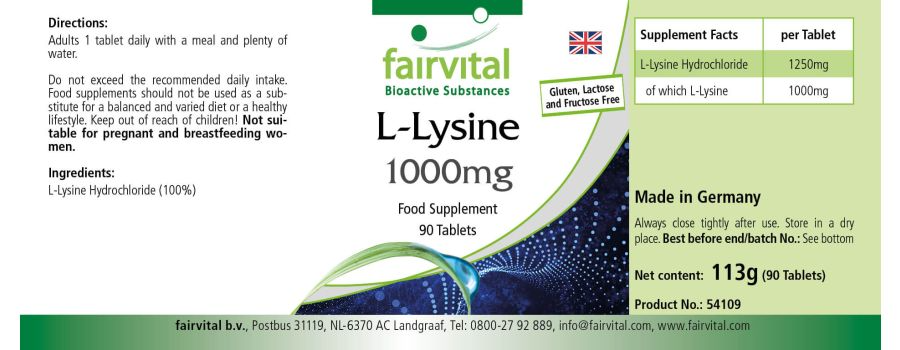 L-Lysin 1000mg - 90 Tabletten - Hochdosiert und Vegan | Fairvital L-Lysin 1000mg - 90 Tabletten - Hochdosiert und Vegan | Fairvital