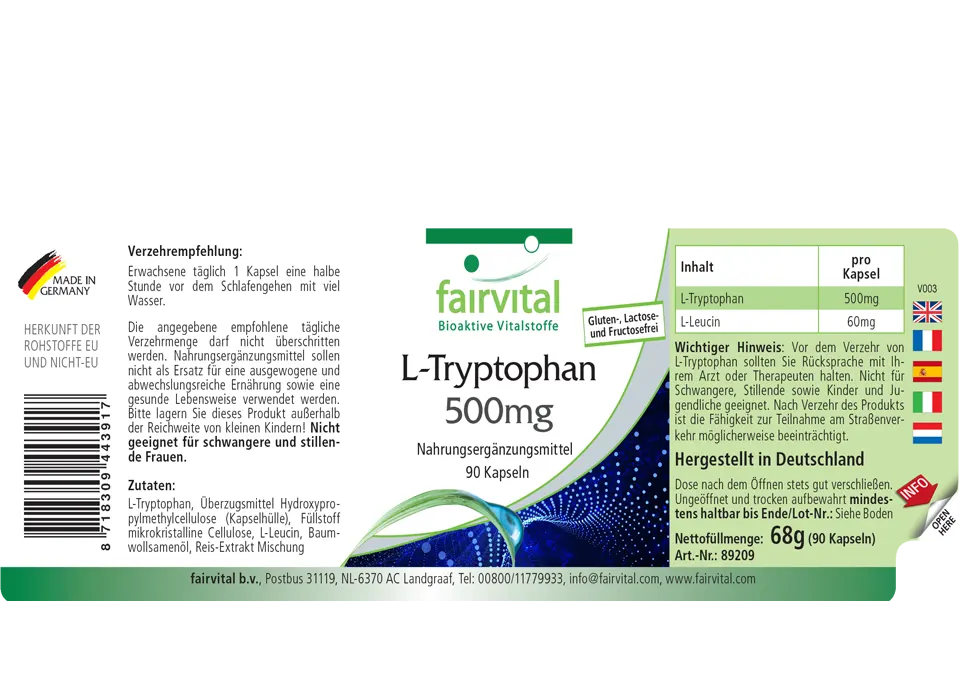 L-Tryptophan 500mg - 90 Kapseln - essentielle Aminosäure - Hochdosiert und Vegan | Fairvital L-Tryptophan 500mg - 90 Kapseln - essentielle Aminosäure - Hochdosiert und Vegan | Fairvital