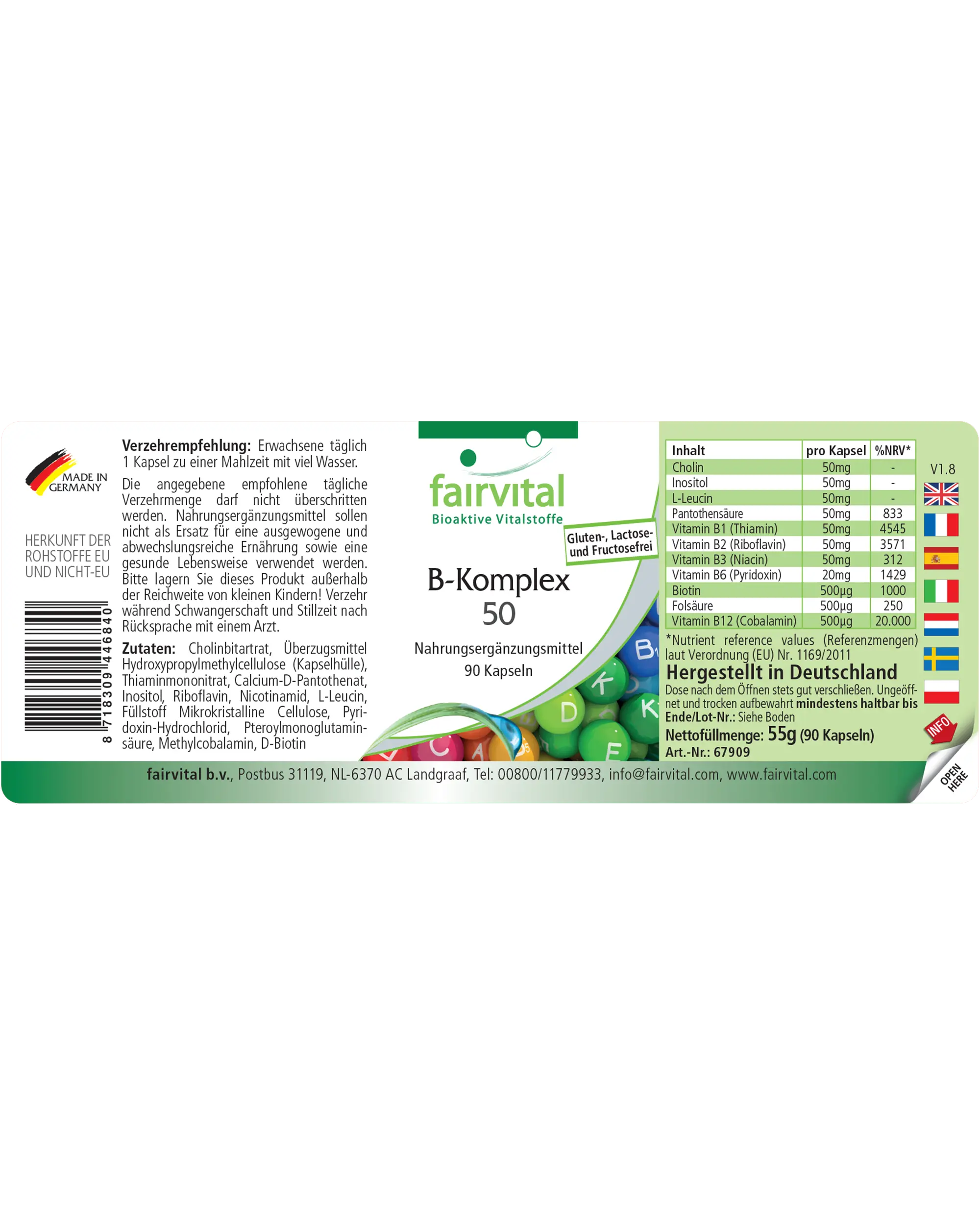 B-Komplex 50 - 90 Kapseln - mit B-Vitaminen, Cholin uvm. - für Immunsystem, Fettstoffwechsel, gegen Müdigkeit - abgedeckter Bedarf | Fairvital