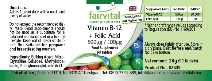 Vitamina B-12 + Folsäure 500µg / 100µg - 90 comprimidos Vitamina B-12 + Folsäure 500µg / 100µg - 90 comprimidos