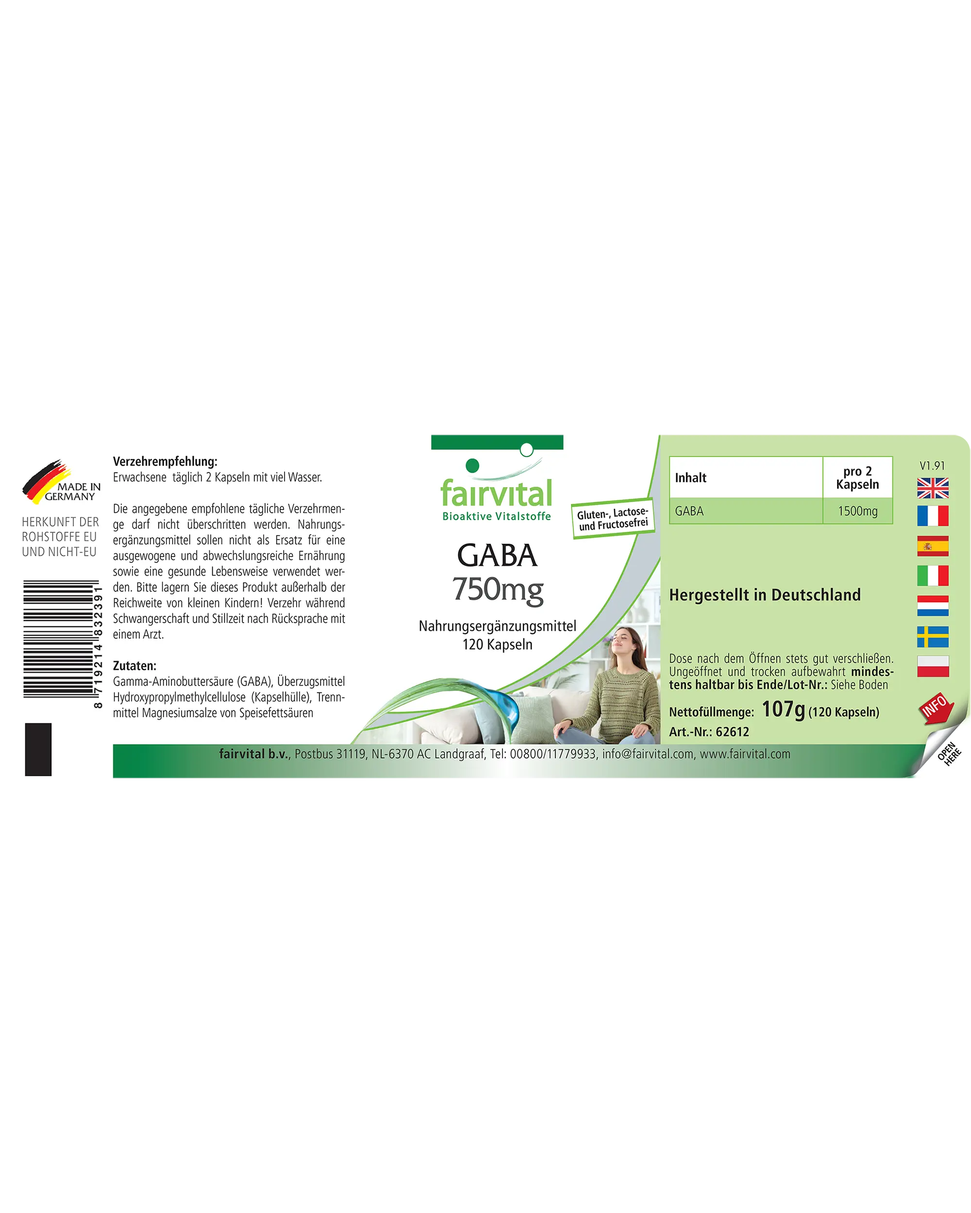 GABA 750mg - 120 Kapseln - Gamma-Aminobuttersäure - hochdosiert und vegan | Fairvital