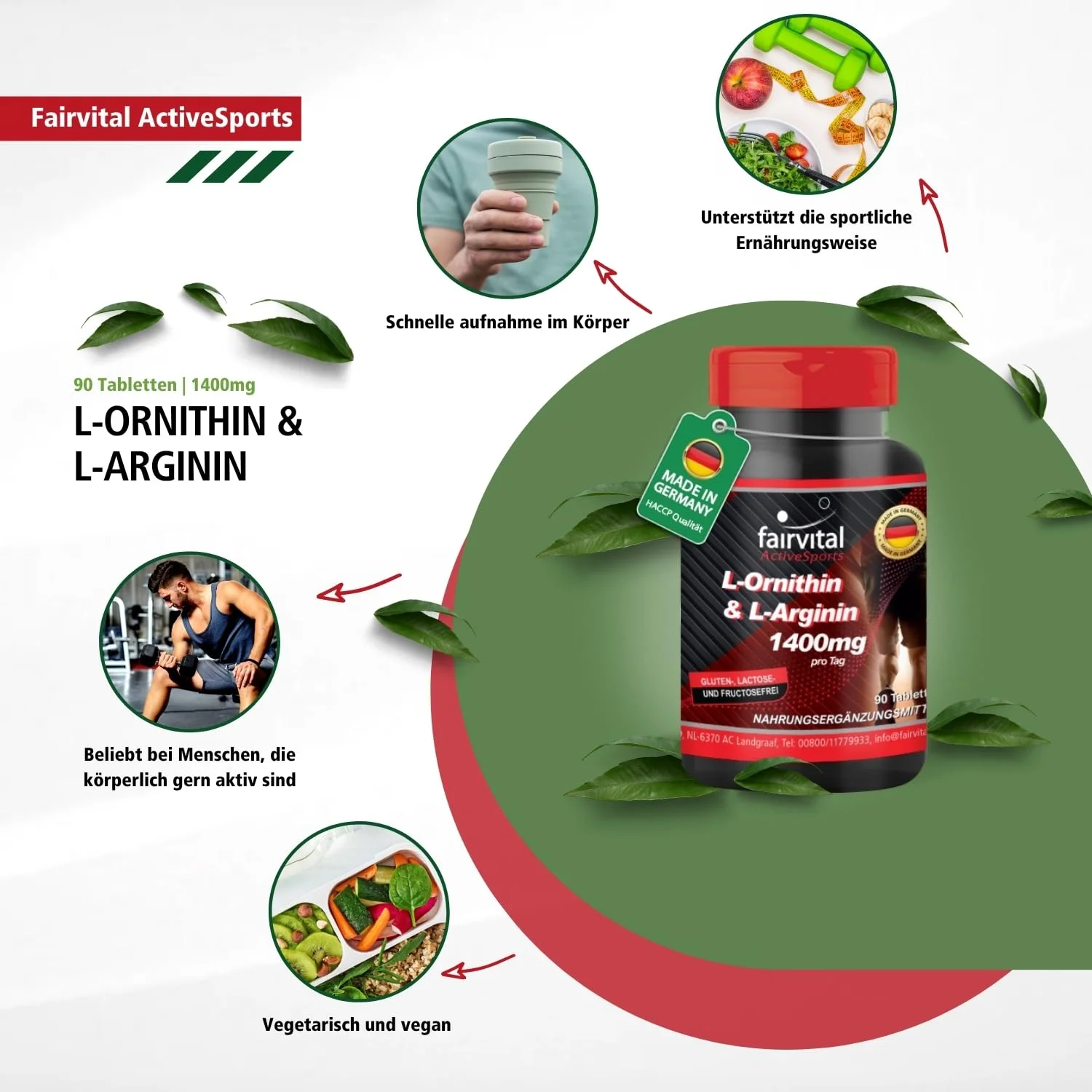 L-Ornitina & L-Arginina 1400mg por dosis diaria – 90 comprimidos – ALTA DOSIS – VEGANO – Aminoácidos | Fairvital