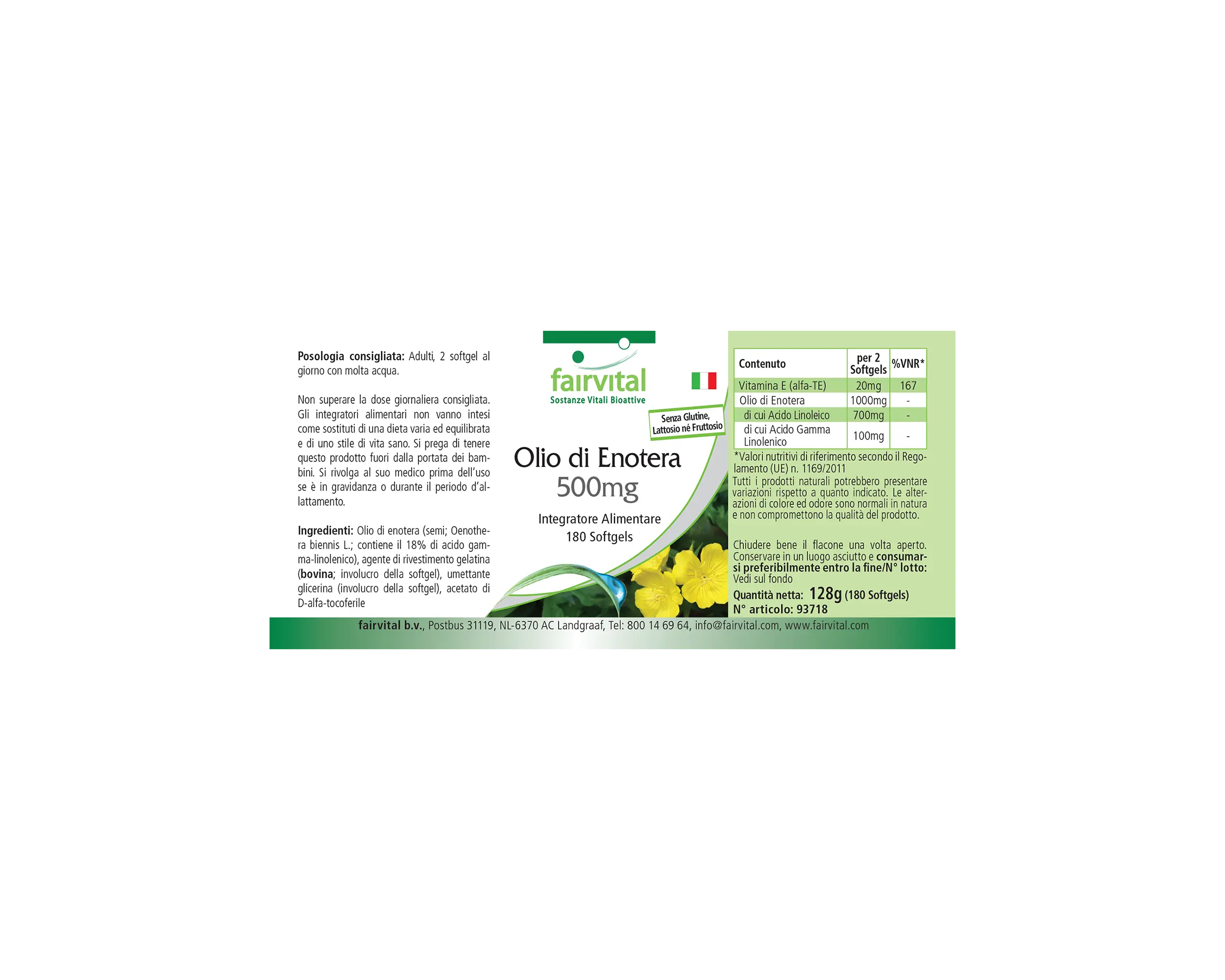Aceite de onagra 500 mg - 180 cápsulas blandas - con vitamina E - más del 100% del requerimiento diario | Fairvital