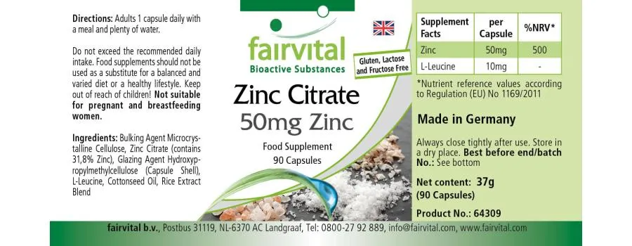 Zinkcitrat mit 50mg Zink - für Immunsystem, Haare, Haut, Sehkraft uvm. - Vegan | Fairvital Zinkcitrat mit 50mg Zink - für Immunsystem, Haare, Haut, Sehkraft uvm. - Vegan | Fairvital