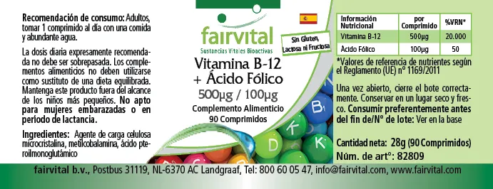 Vitamina B-12 + Folsäure 500µg / 100µg - 90 comprimidos Vitamina B-12 + Folsäure 500µg / 100µg - 90 comprimidos