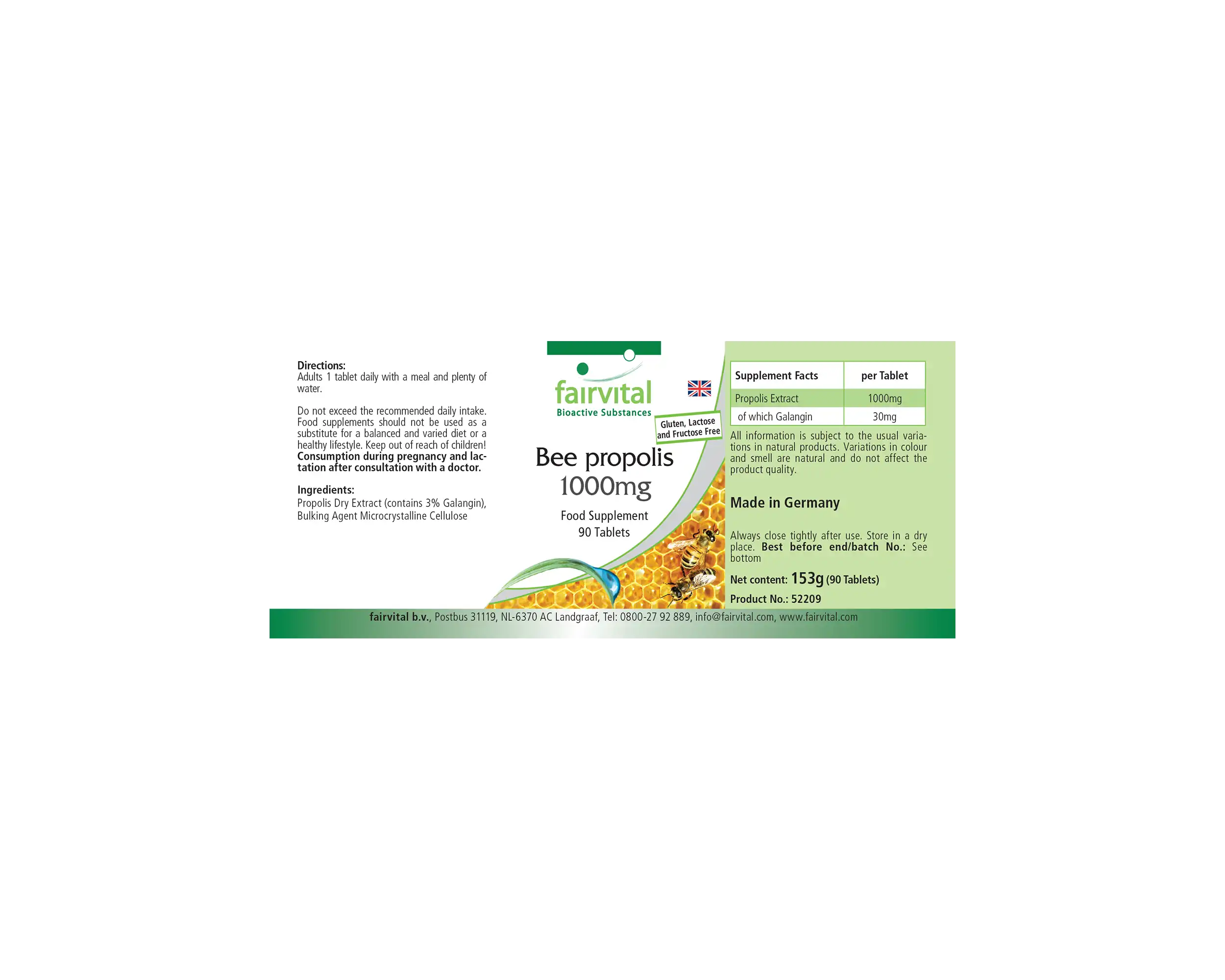 Bee Propolis 1000 mg – 90 tablets – Natural bee resin extract – 3% galangin – High dosage | Fairvital