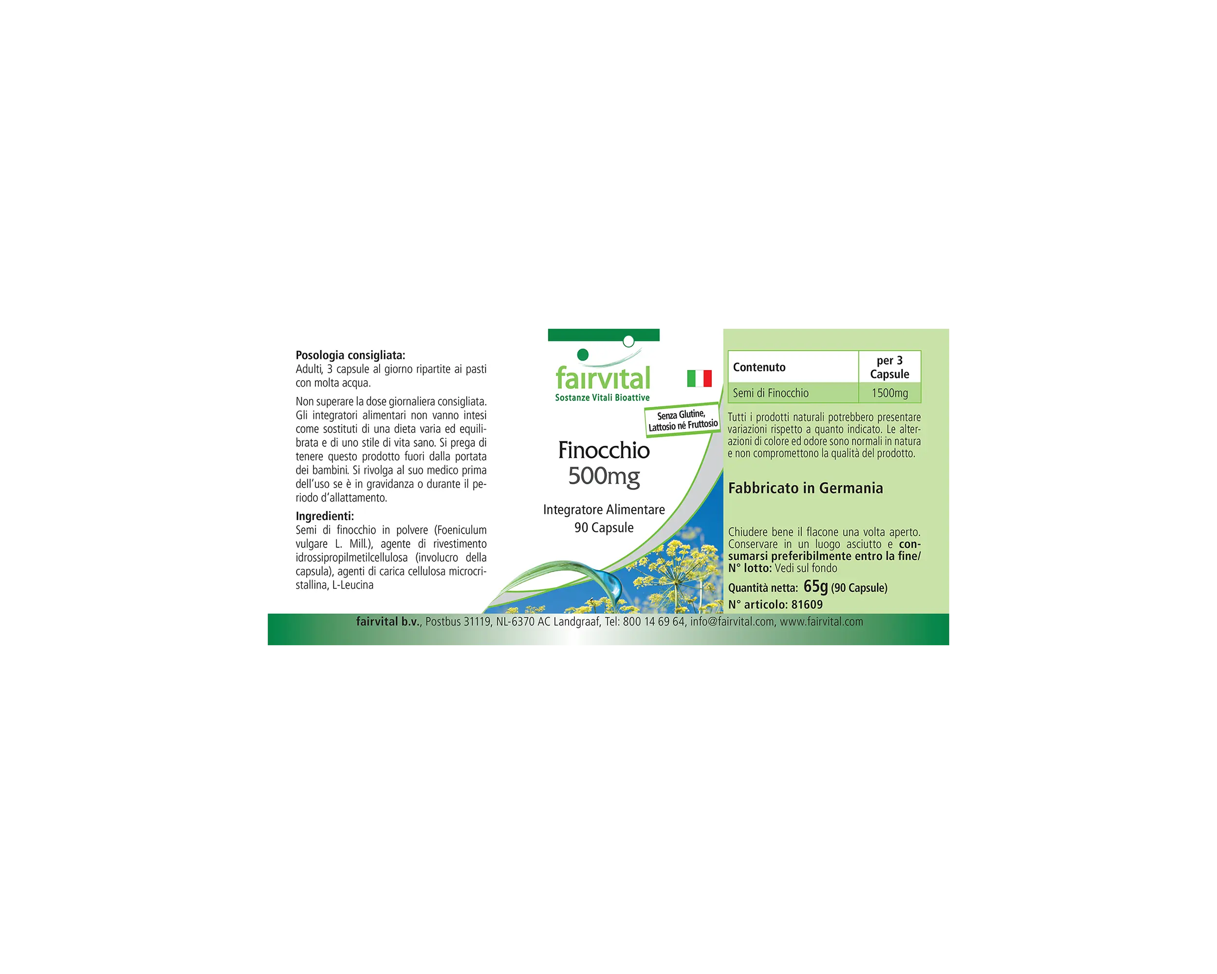 Hinojo 500mg - 90 cápsulas - Foeniculum vulgare Miller - Vegano | Fairvital