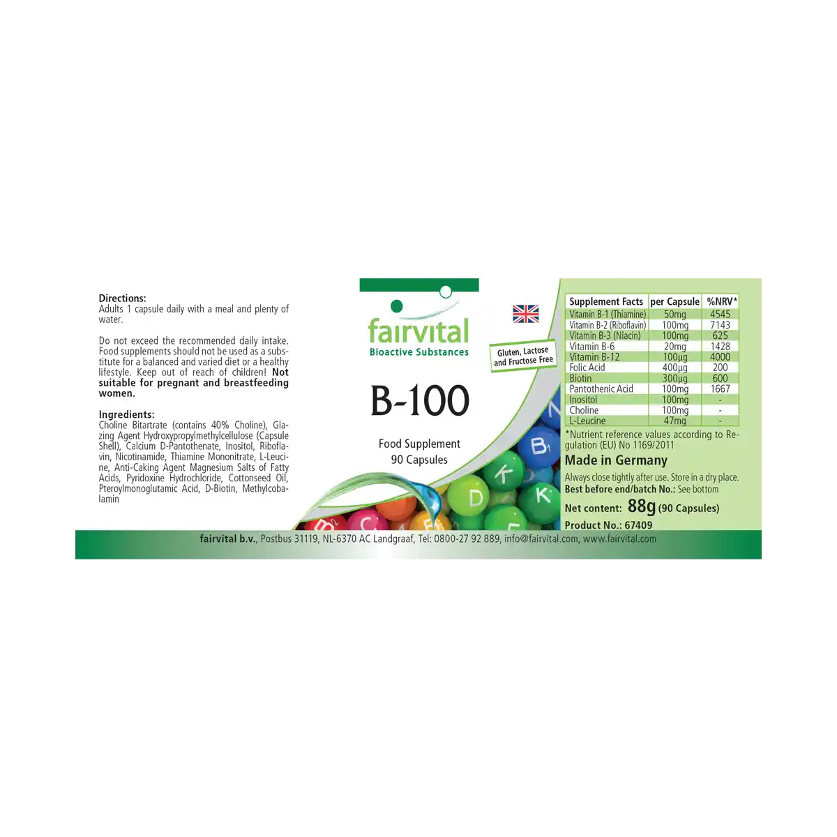 B-100 Komplex - alle B-Vitamine (B1, B2, B3, B5, B6, B7, B9, B12) für Haare, Haut ung gegen Müdigkeit - 90 Kapseln - Hochdosiert und Vegan | Fairvital B-100 Komplex - alle B-Vitamine (B1, B2, B3, B5, B6, B7, B9, B12) für Haare, Haut ung gegen Müdigkeit - 90 Kapseln - Hochdosiert und Vegan | Fairvital