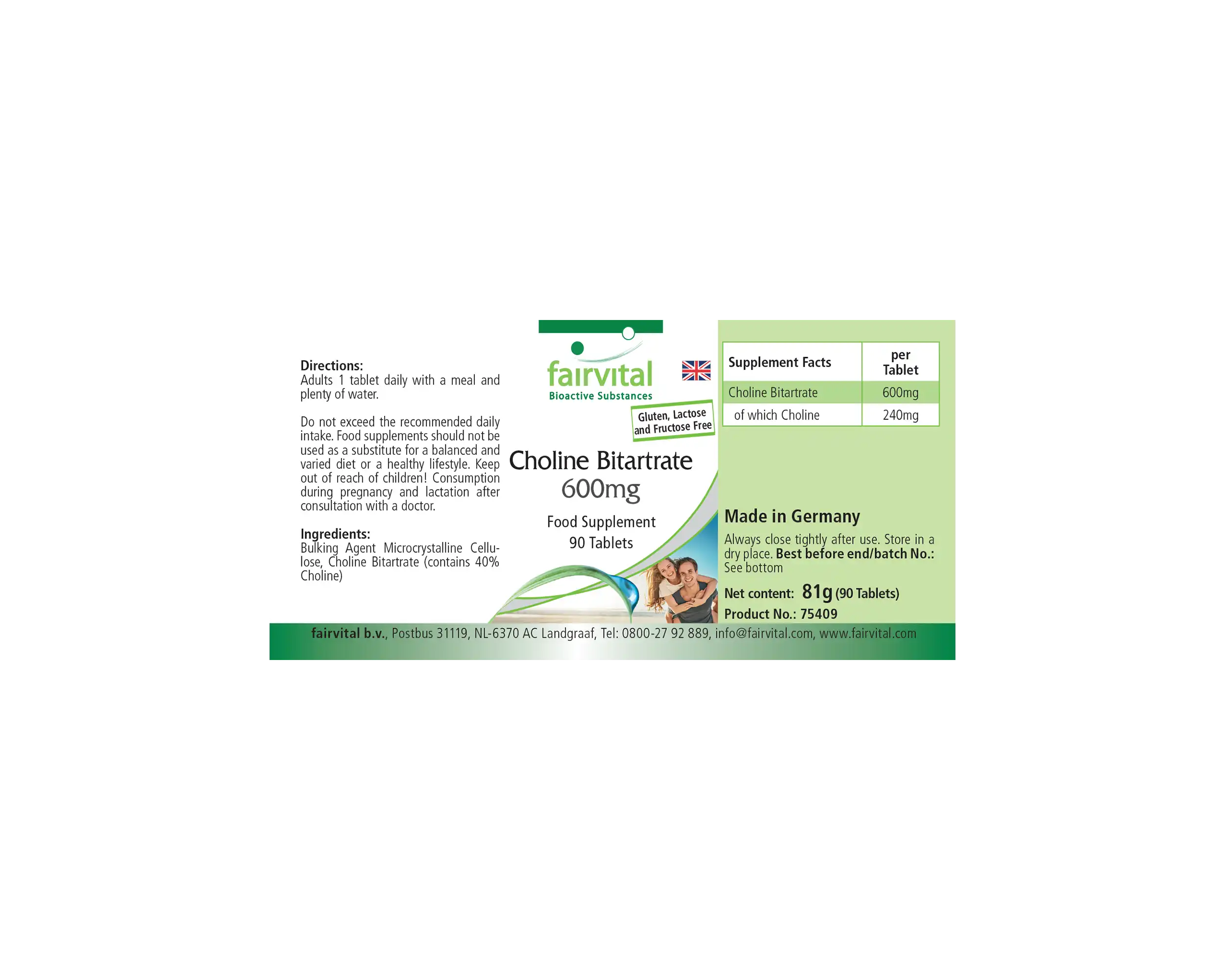 Cholinbitartrat 600mg - 90 Tabletten - für Leberfunktion, Fettstoffwechsel uvm.  - Vegan | Fairvital