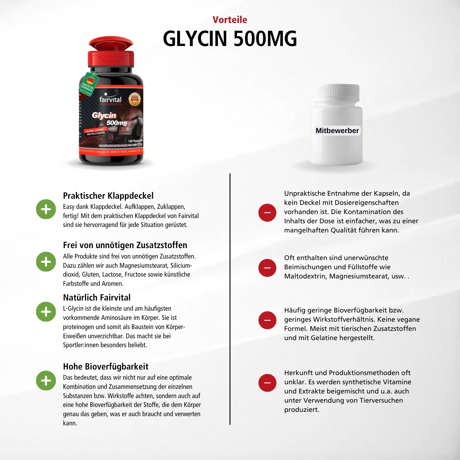 Glycin 500mg - 120 Kapseln - Schluckfreundlich - Aminosäure - Hochdosiert und Vegan | Fairvital