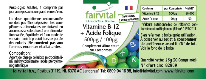 Vitamina B-12 + Folsäure 500µg / 100µg - 90 comprimidos Vitamina B-12 + Folsäure 500µg / 100µg - 90 comprimidos