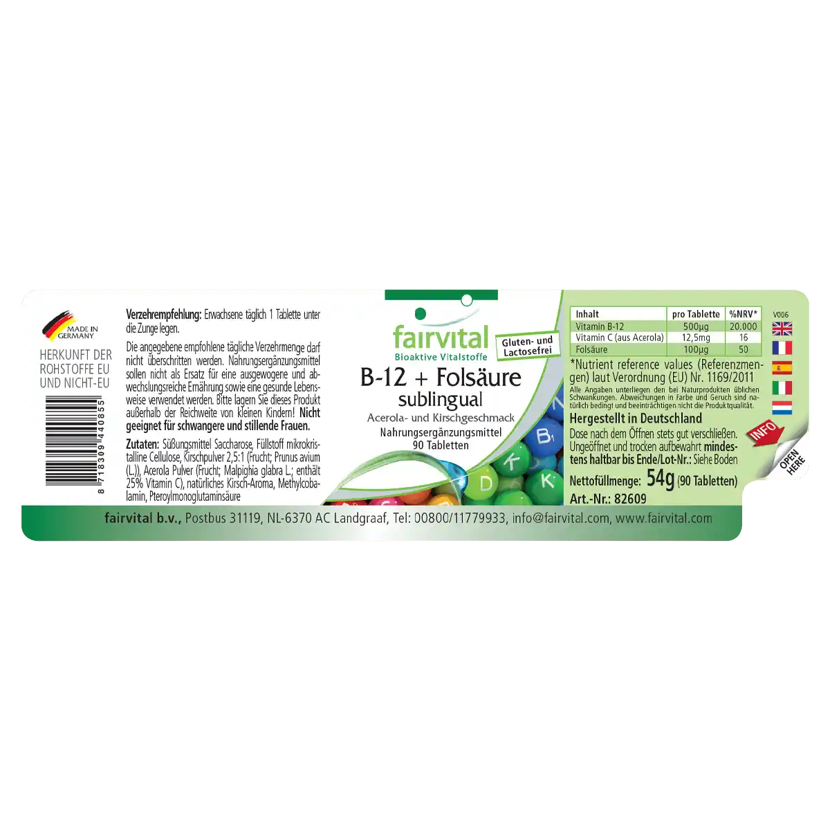 B-12 y ácido fólico sublingual con sabor a acerola-cereza - 90 comprimidos