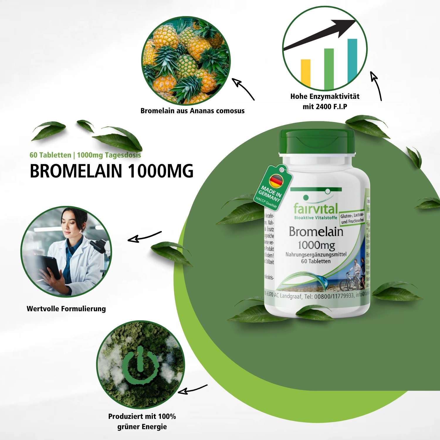 Bromelain 1000mg - 60 Tabletten - 1200 F.I.P. - Ananasenzym - vegan | Fairvital