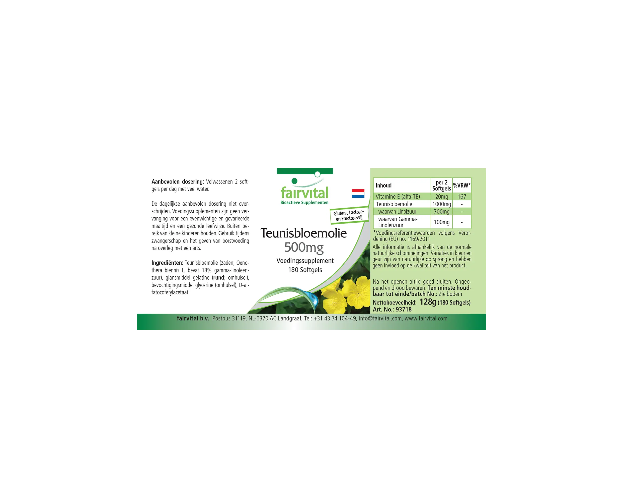 Aceite de onagra 500 mg - 180 cápsulas blandas - con vitamina E - más del 100% del requerimiento diario | Fairvital