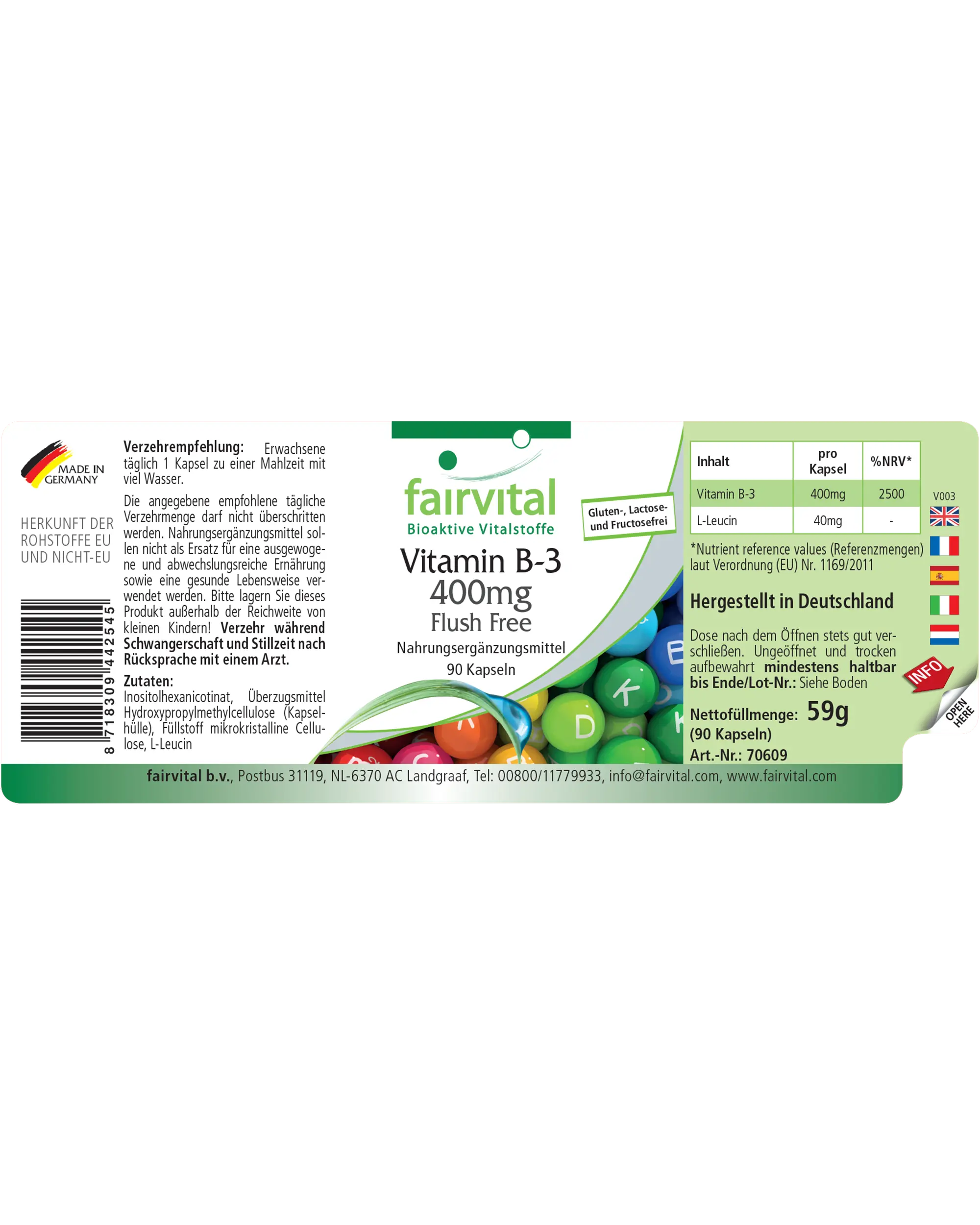 Vitamin B-3 Flush Free - 90 Kapseln - für Haut, Nervensystem, Energiestoffwechsel uvm. - abgedeckter Bedarf - Vegan | Fairvital