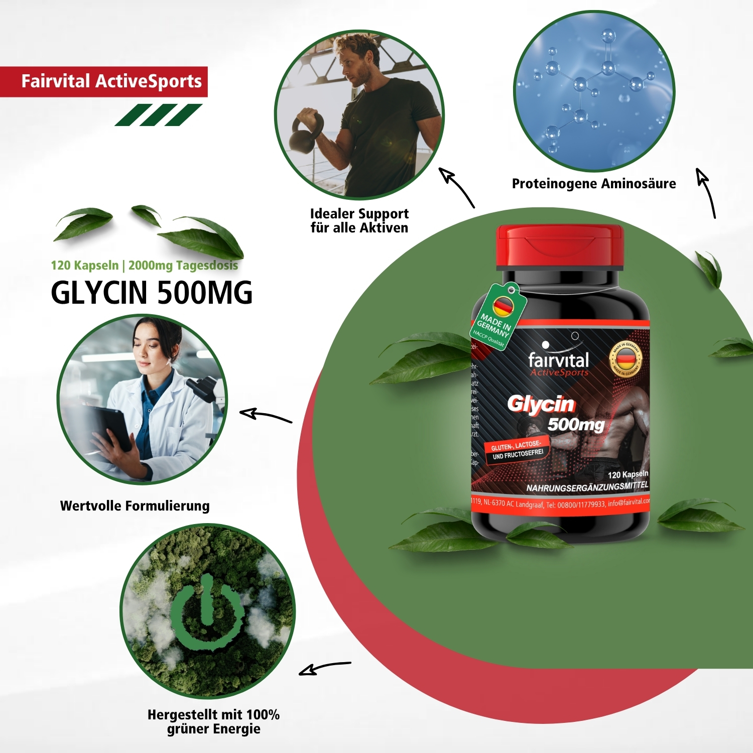 Glycin 500mg - 120 Kapseln - Schluckfreundlich - Aminosäure - Hochdosiert und Vegan | Fairvital