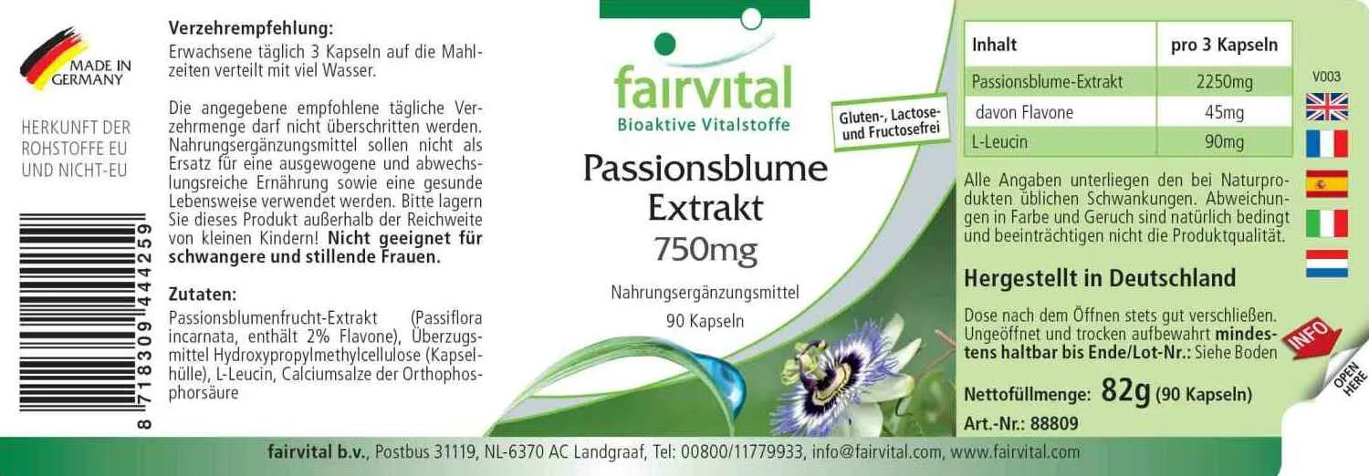 Passionsblume Kapseln Extrakt 750mg - 90 Kapseln-standardisiert auf 2% Flavone-Vegan | Fairvital Passionsblume Kapseln Extrakt 750mg - 90 Kapseln-standardisiert auf 2% Flavone-Vegan | Fairvital