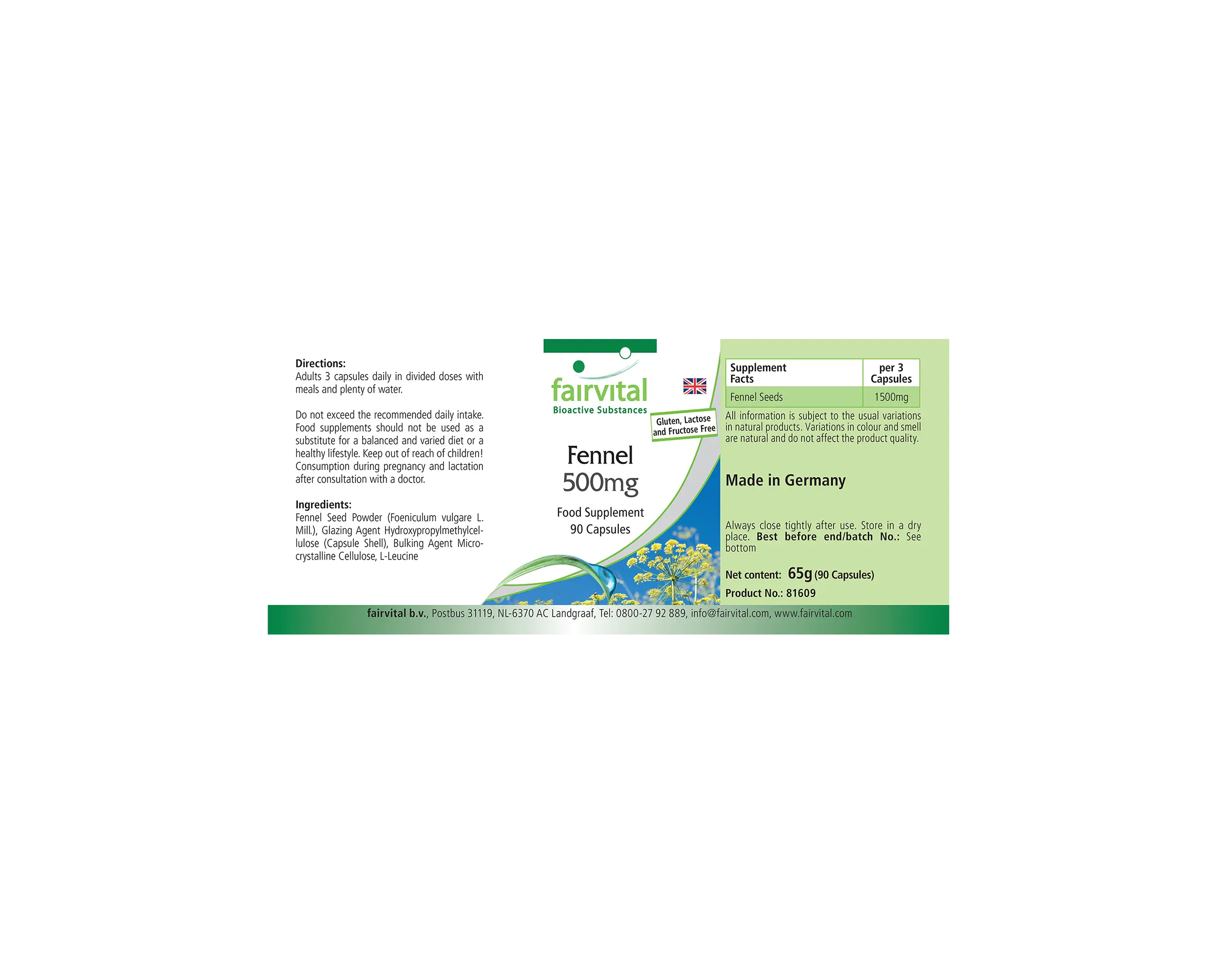 Hinojo 500mg - 90 cápsulas - Foeniculum vulgare Miller - Vegano | Fairvital