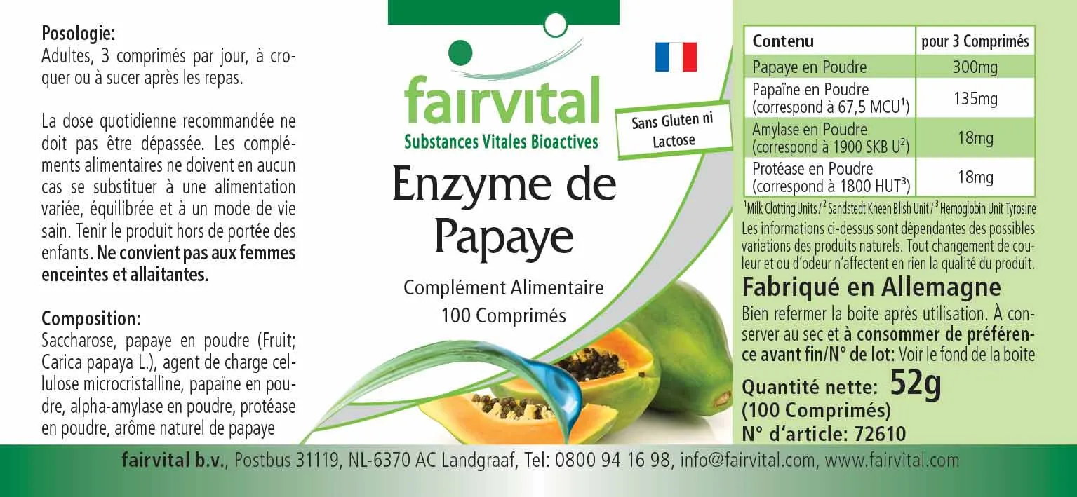 Papaya Enzym - 100 Tabletten - mit Papain, Amylase und Protease - Hochdosiert und Vegan | Fairvital Papaya Enzym - 100 Tabletten - mit Papain, Amylase und Protease - Hochdosiert und Vegan | Fairvital