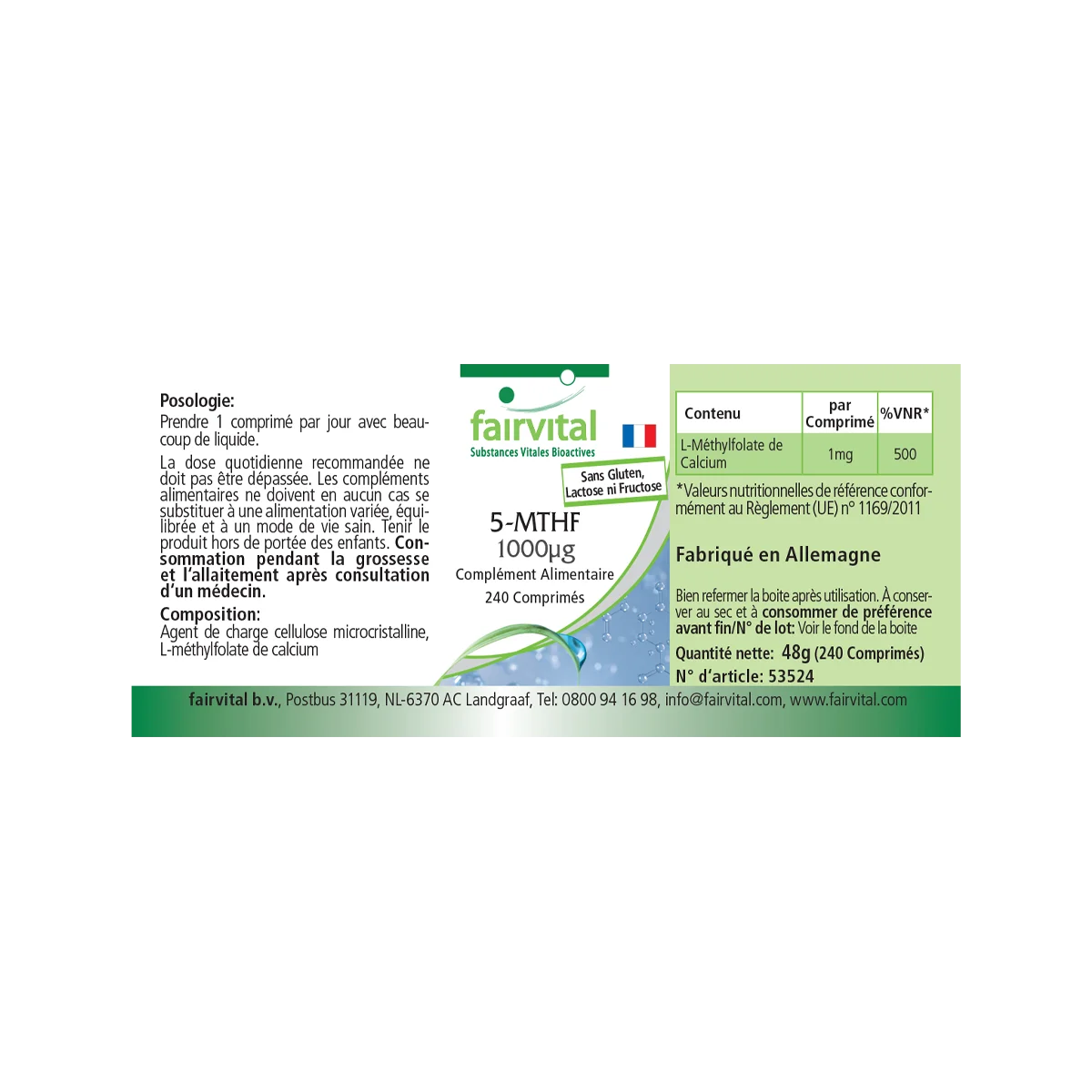 5-MTHF 1000 µg - 240 Tabletten - bioaktive Folsäure - Hochdosiert und Vegan | Fairvital 5-MTHF 1000 µg - 240 Tabletten - bioaktive Folsäure - Hochdosiert und Vegan | Fairvital