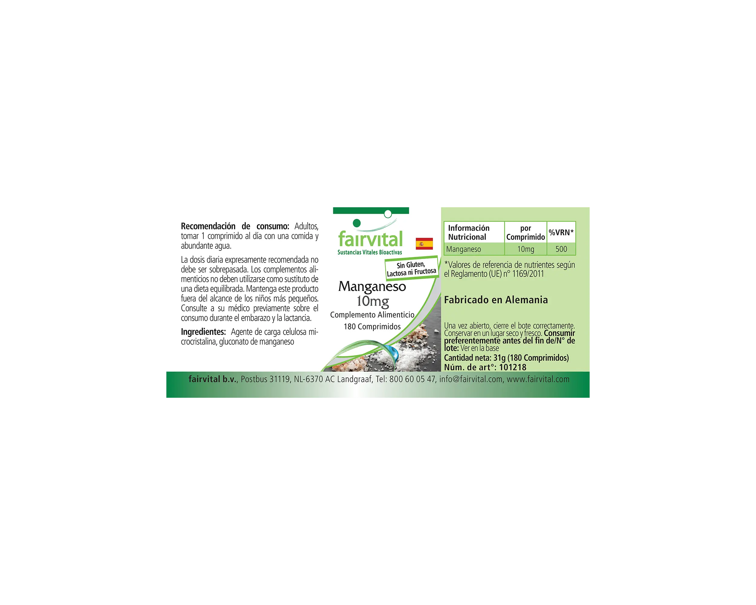 Mangan 10mg - 180 Tabletten - für Knochen, Energie uvm. - hochdosiert und vegan | Fairvital