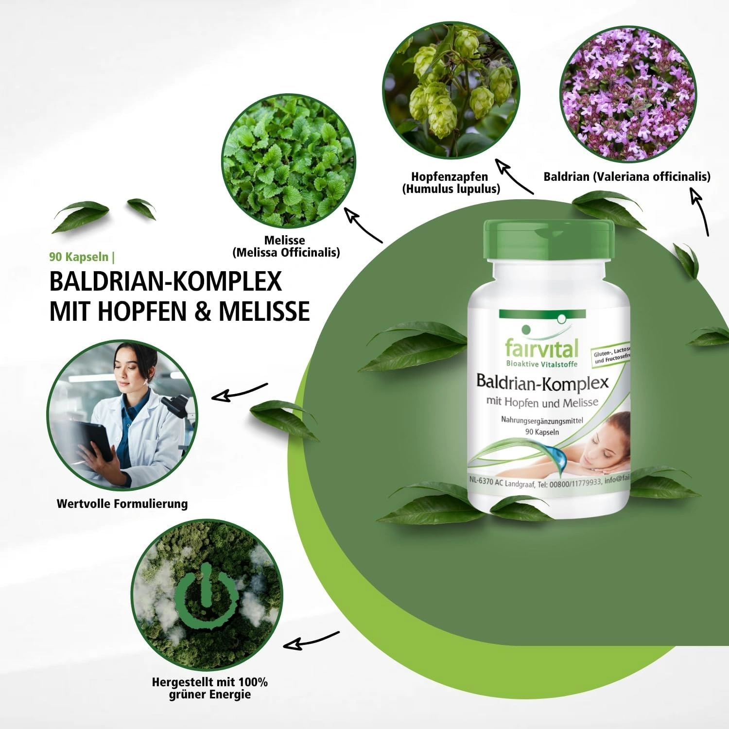 Baldrian-Komplex mit Hopfen und Melisse - 90 Kapseln - schluckfreundlich - hochdosiert und vegan | Fairvital